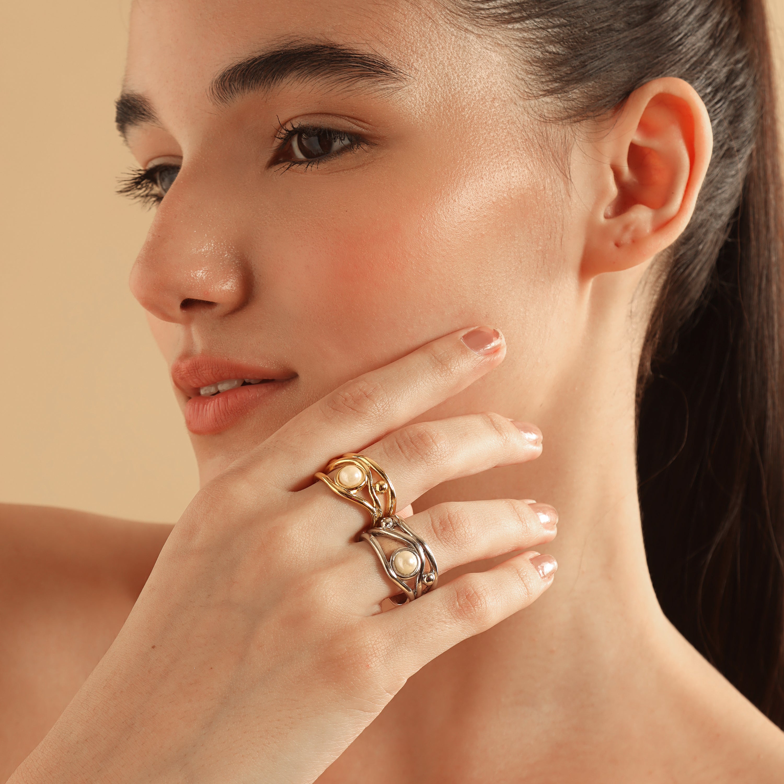 TFC Margalo Silver Plated Adjustable Ring- Elevate your style with our exquisite collection of gold-plated adjustable rings for women, including timeless signet rings. Explore cheapest fashion jewellery designs with anti-tarnish properties, all at The Fun Company with a touch of elegance