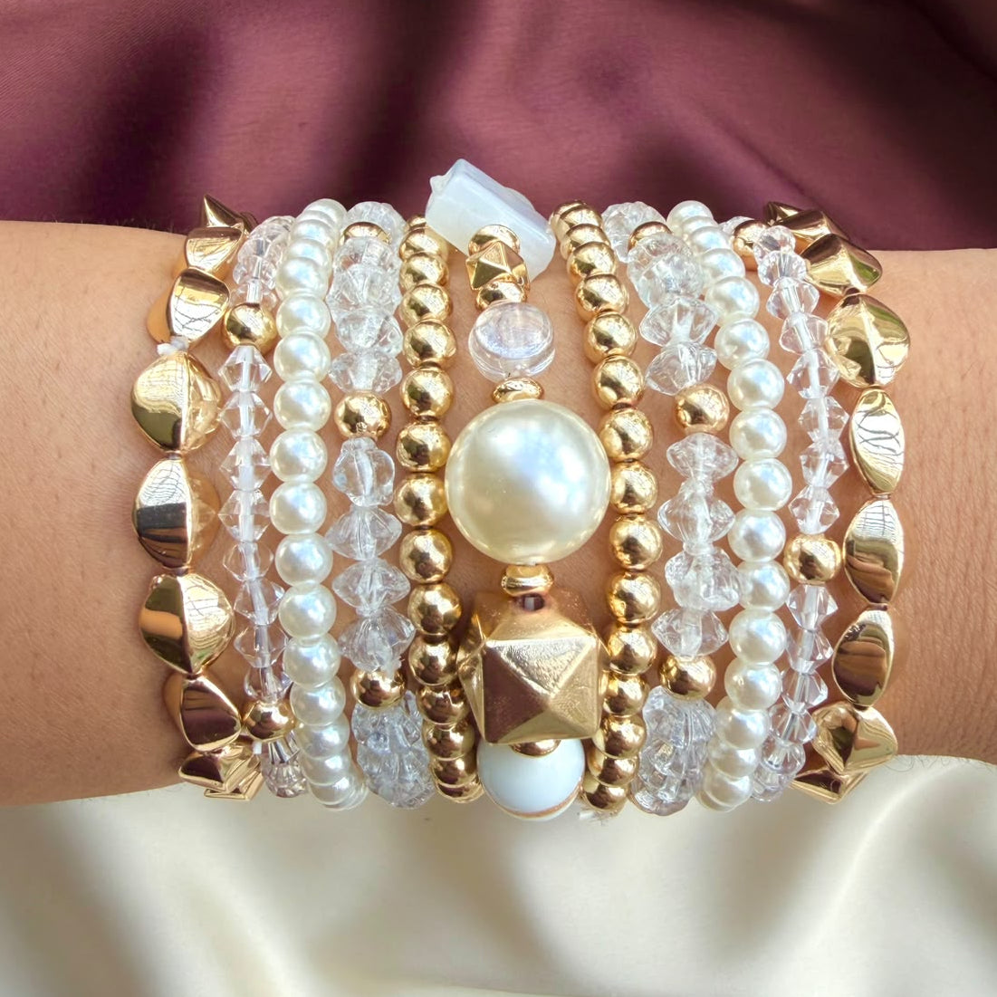 TFC Stretchable Pearl Cube Collection Gold Plated Bracelet
