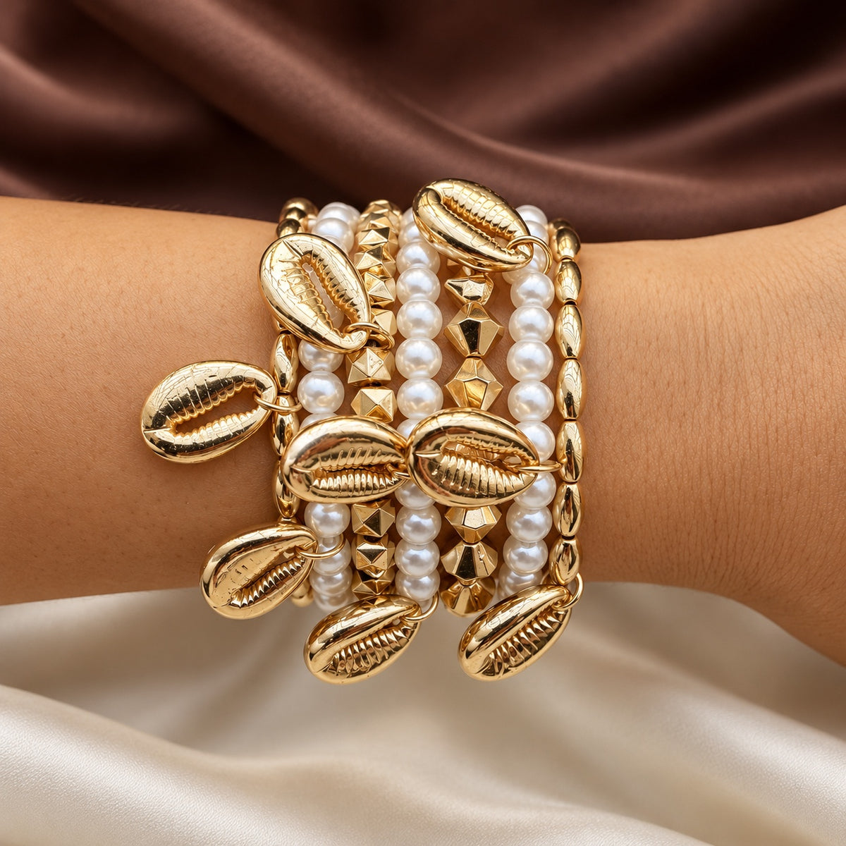 TFC Stretchable Pearl & Cube Gold Plated Bracelet (set of 7)