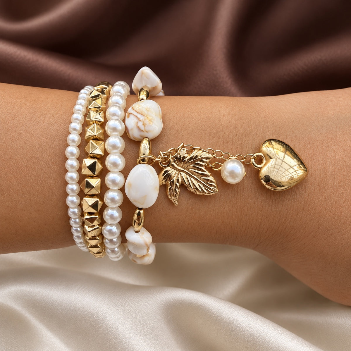 TFC Stretchable Marble Bead Gold Plated Bracelet (set of 4)