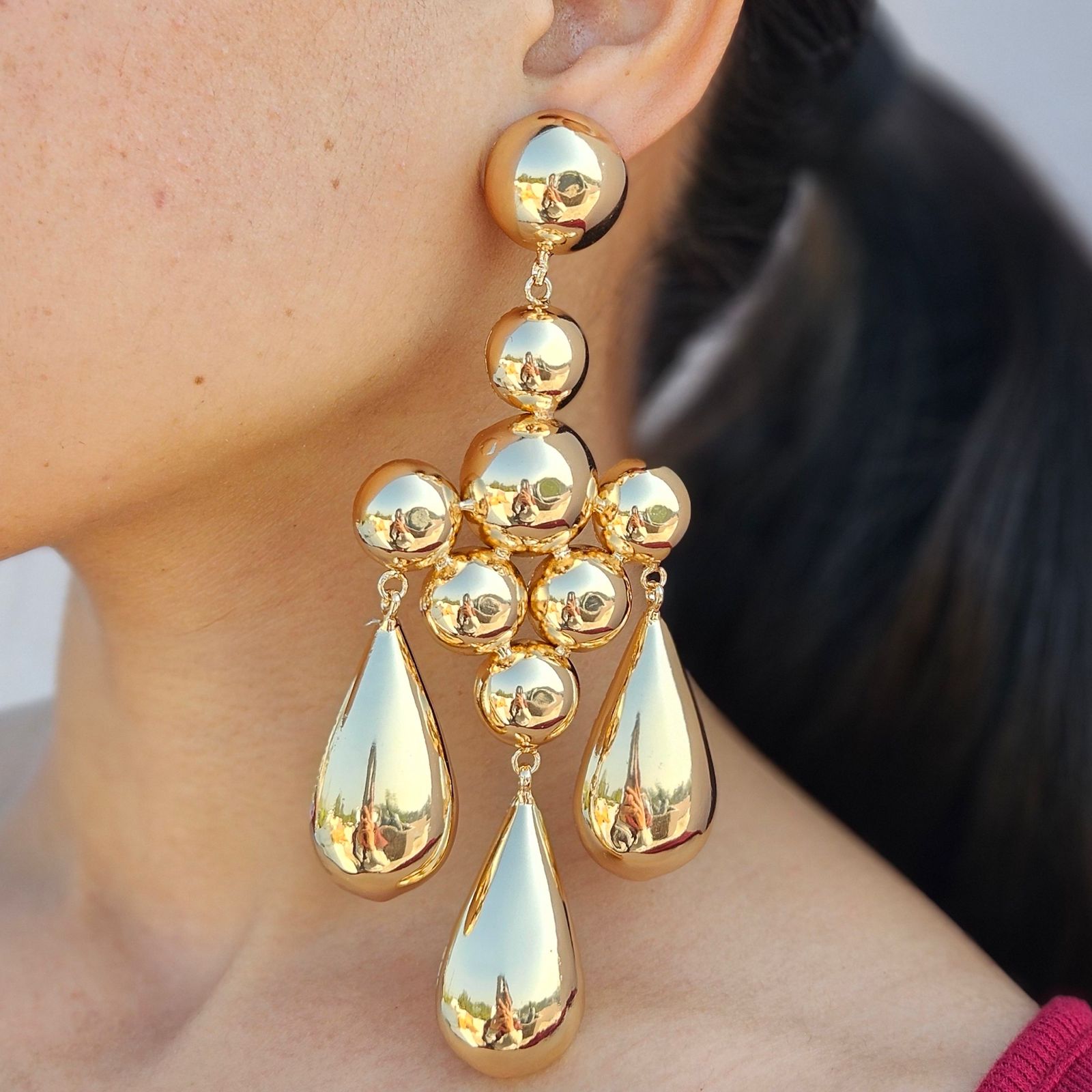 TFC Bold Bead 3 Drop Gold Plated Dangler Earrings