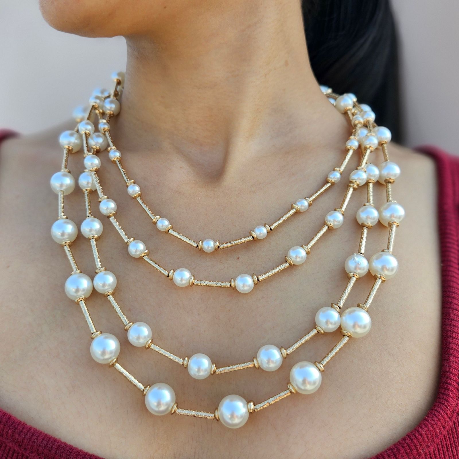 TFC Multi Pearly Gold Plated Layered Necklace