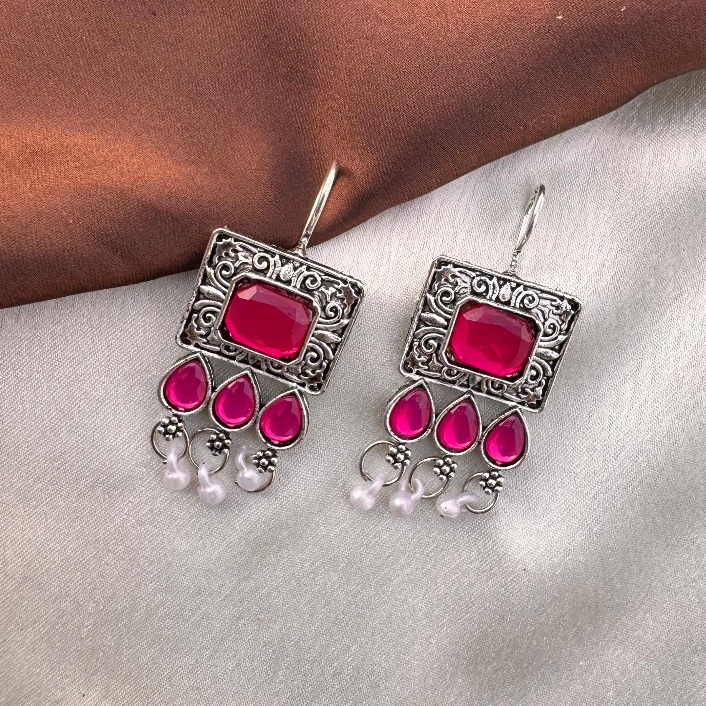 TFC Magenta Stone Oxidised Silver Plated Dangler Earrings