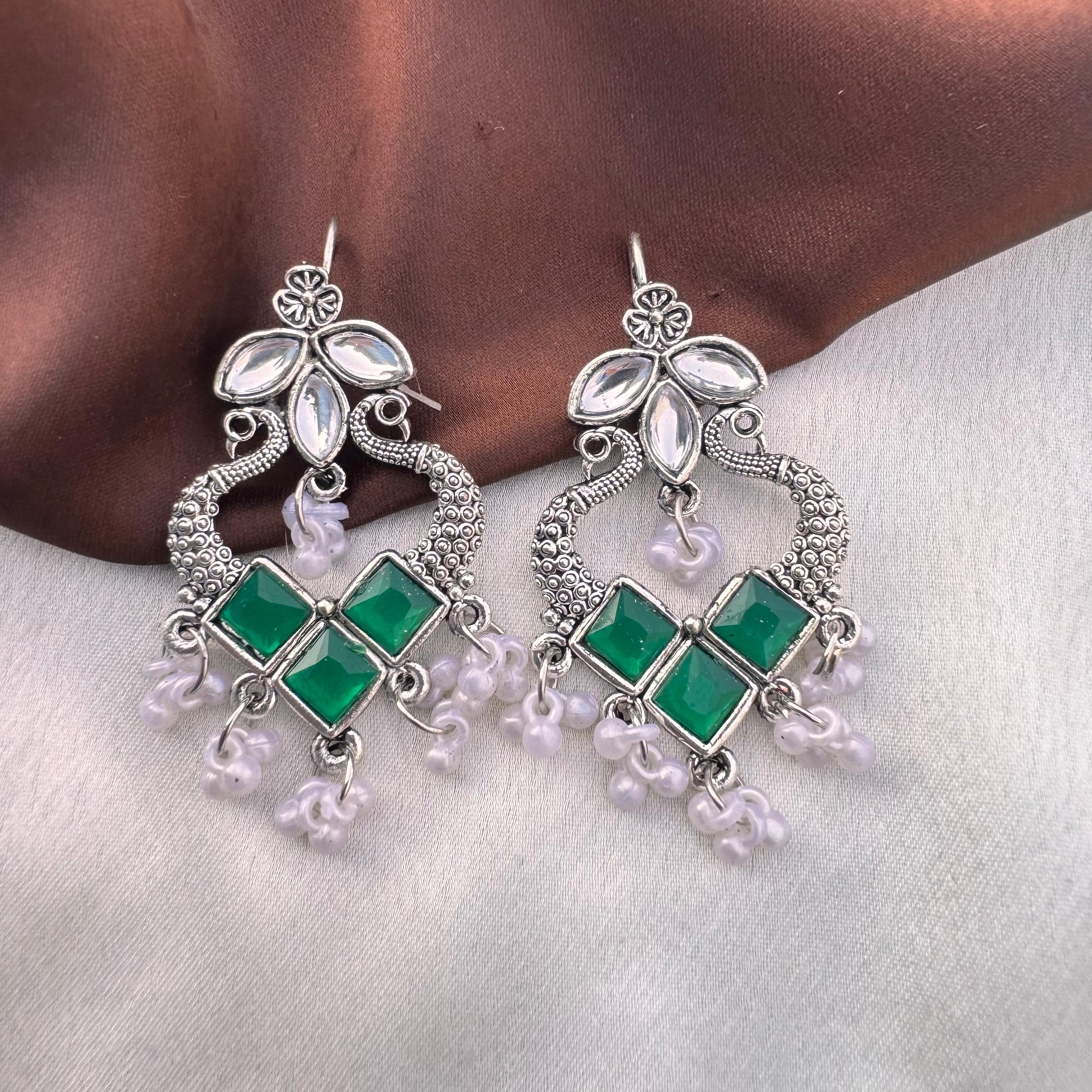 TFC Leaf Stone Oxidised Silver Plated Dangler Earrings