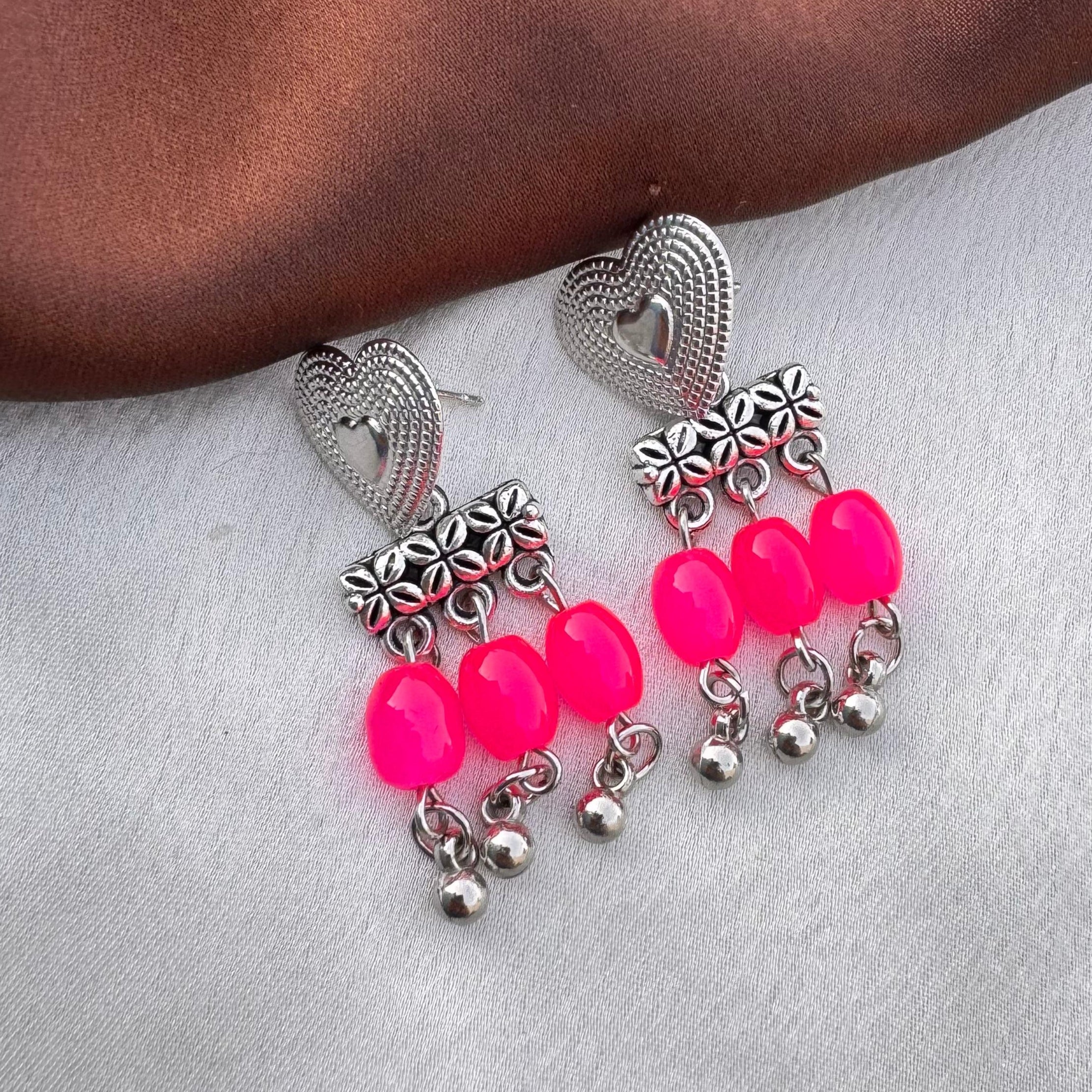 TFC Neon Pink Bead Oxidised Silver Dangler Earrings