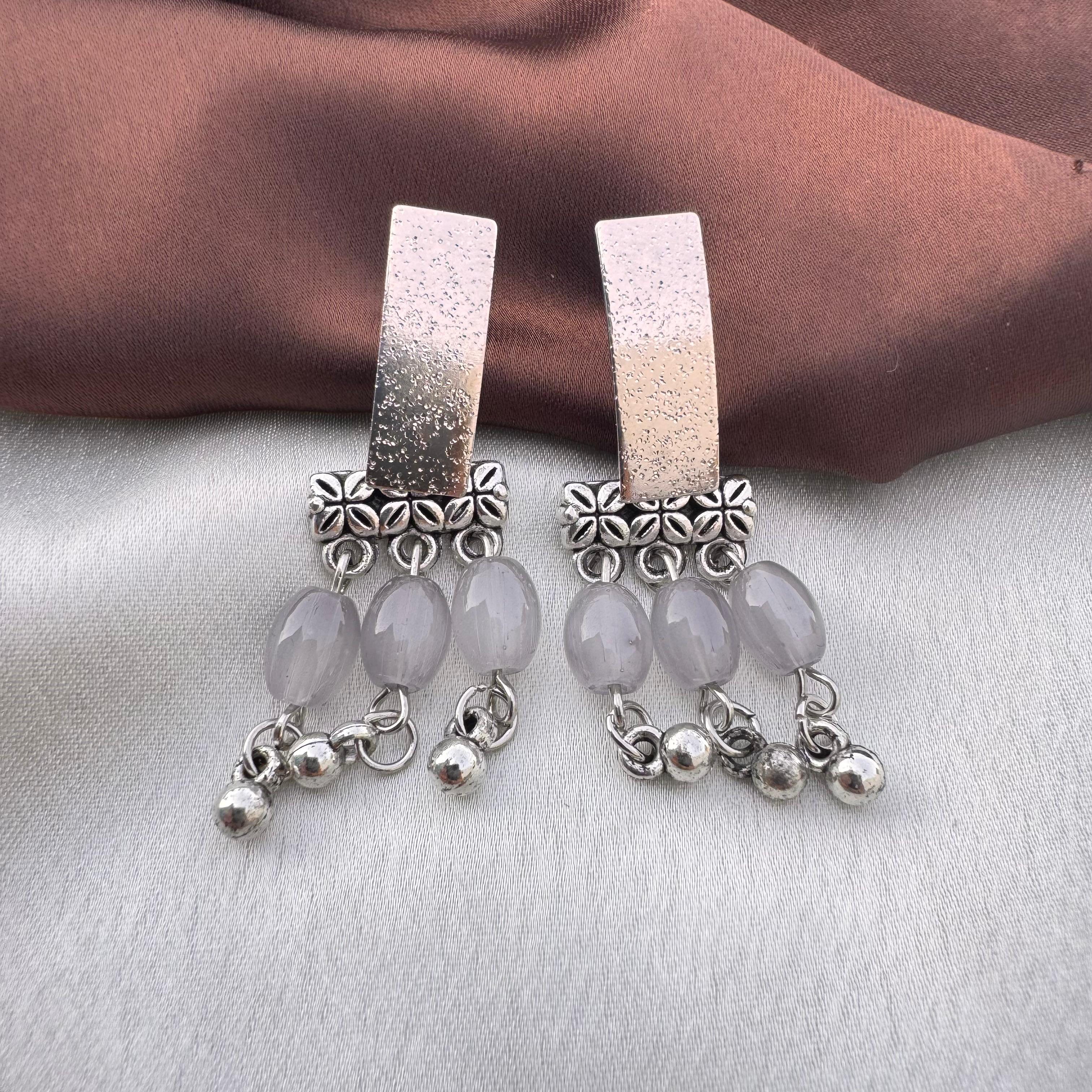 TFC Grey Bead Oxidised Silver Plated Dangler Earrings
