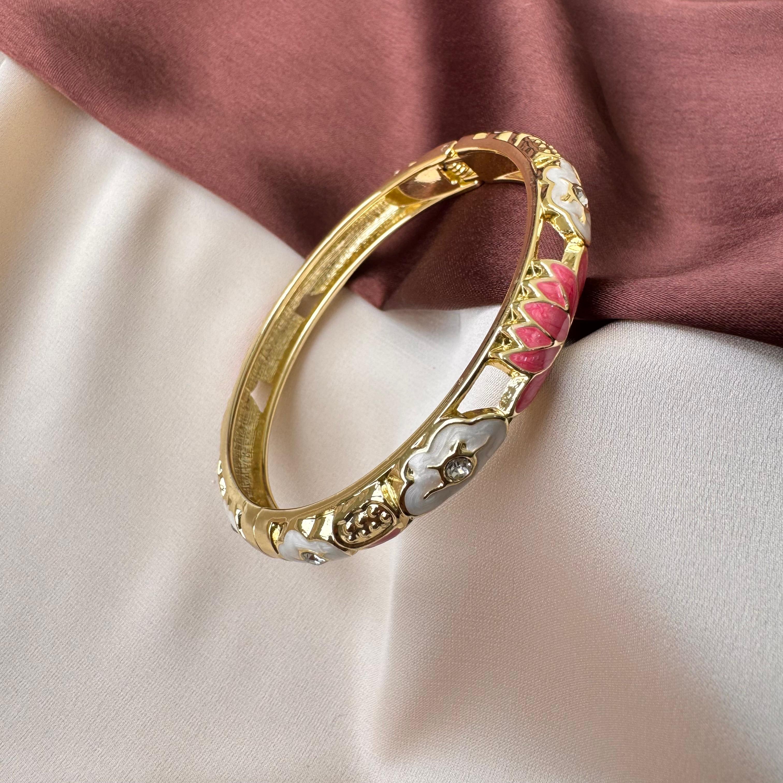 TFC White & Pink Lotus Gold Plated Enamel Bracelet Bangle (size 2.6)