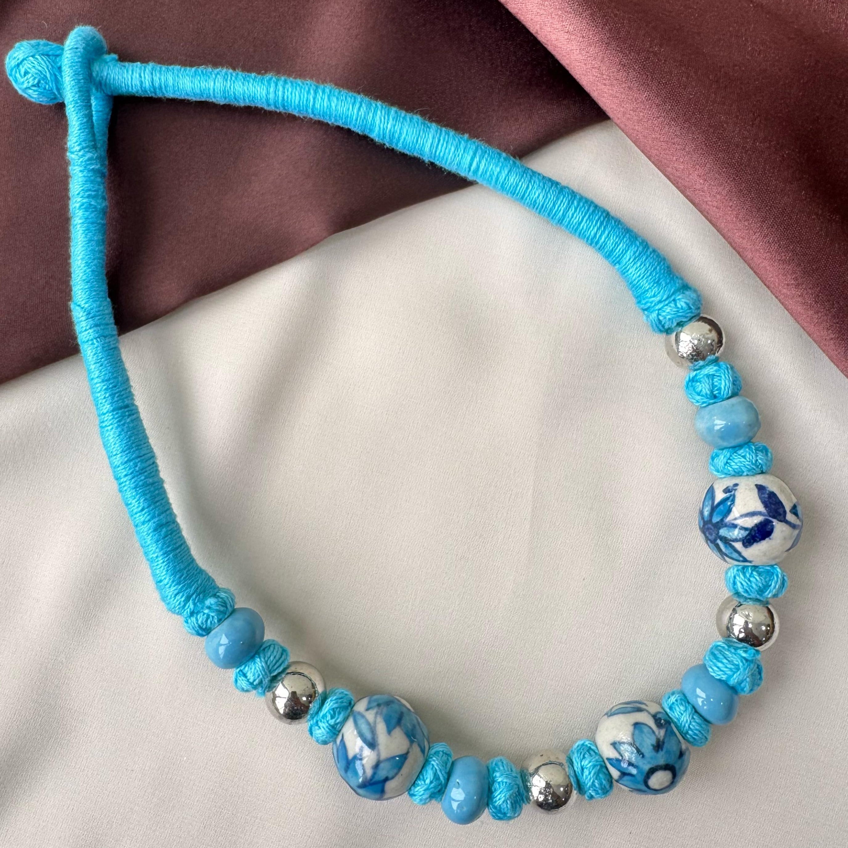 TFC Sky Blue Patwa Art Silver Plated Necklace