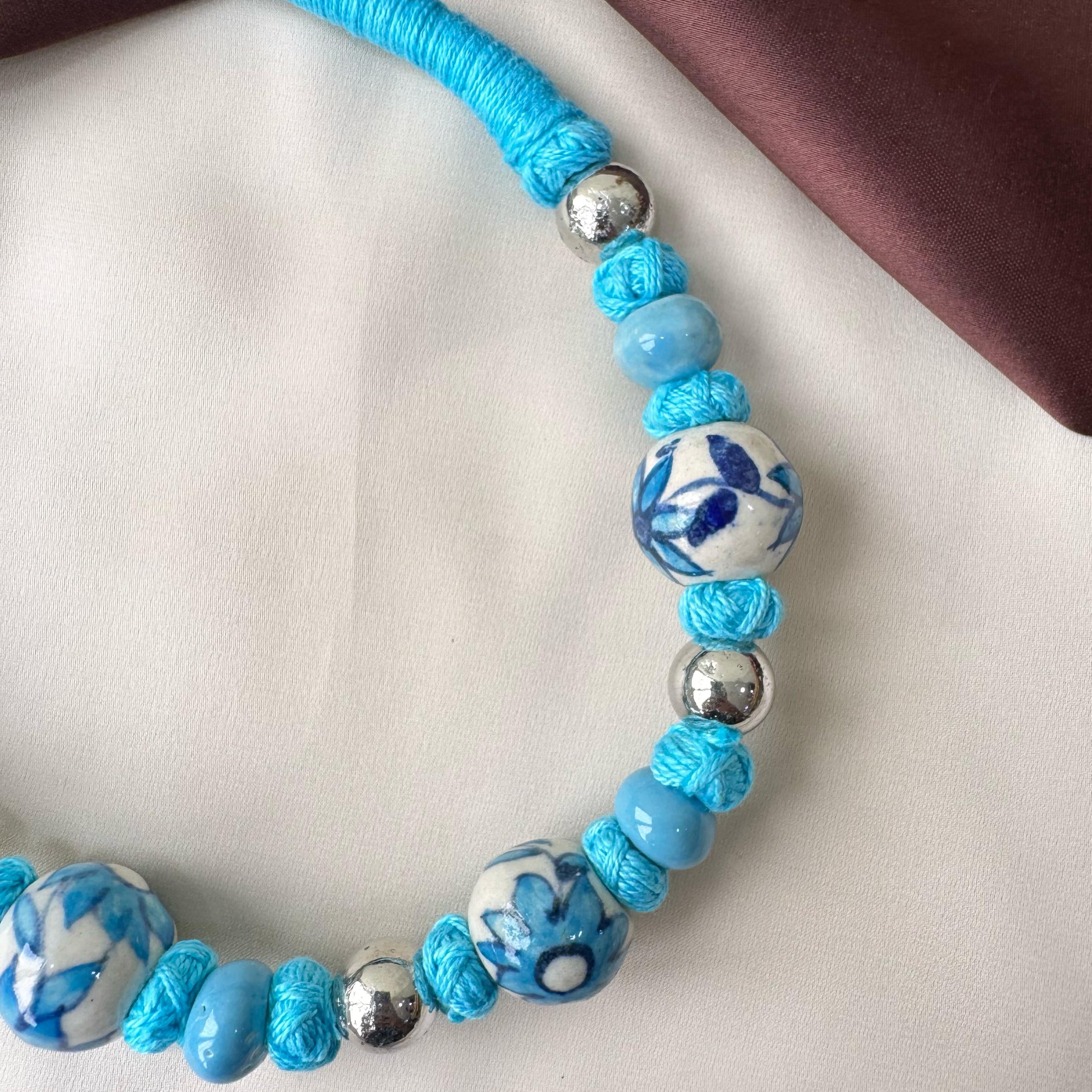 TFC Sky Blue Patwa Art Silver Plated Necklace