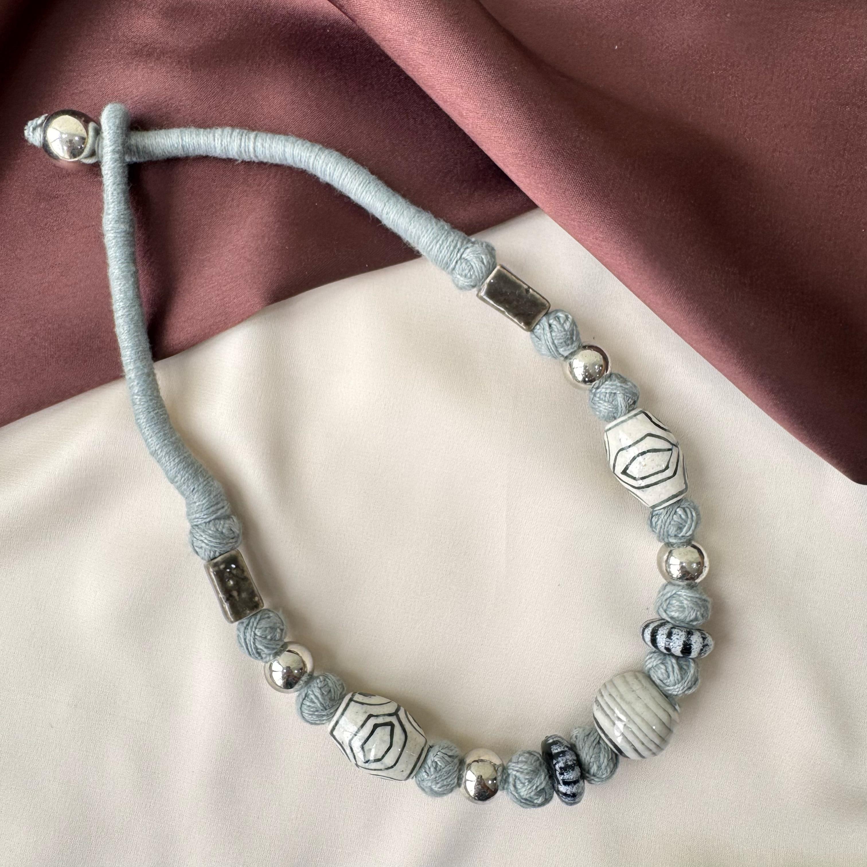 TFC Grey And White Patwa Silver Necklace Art Necklace