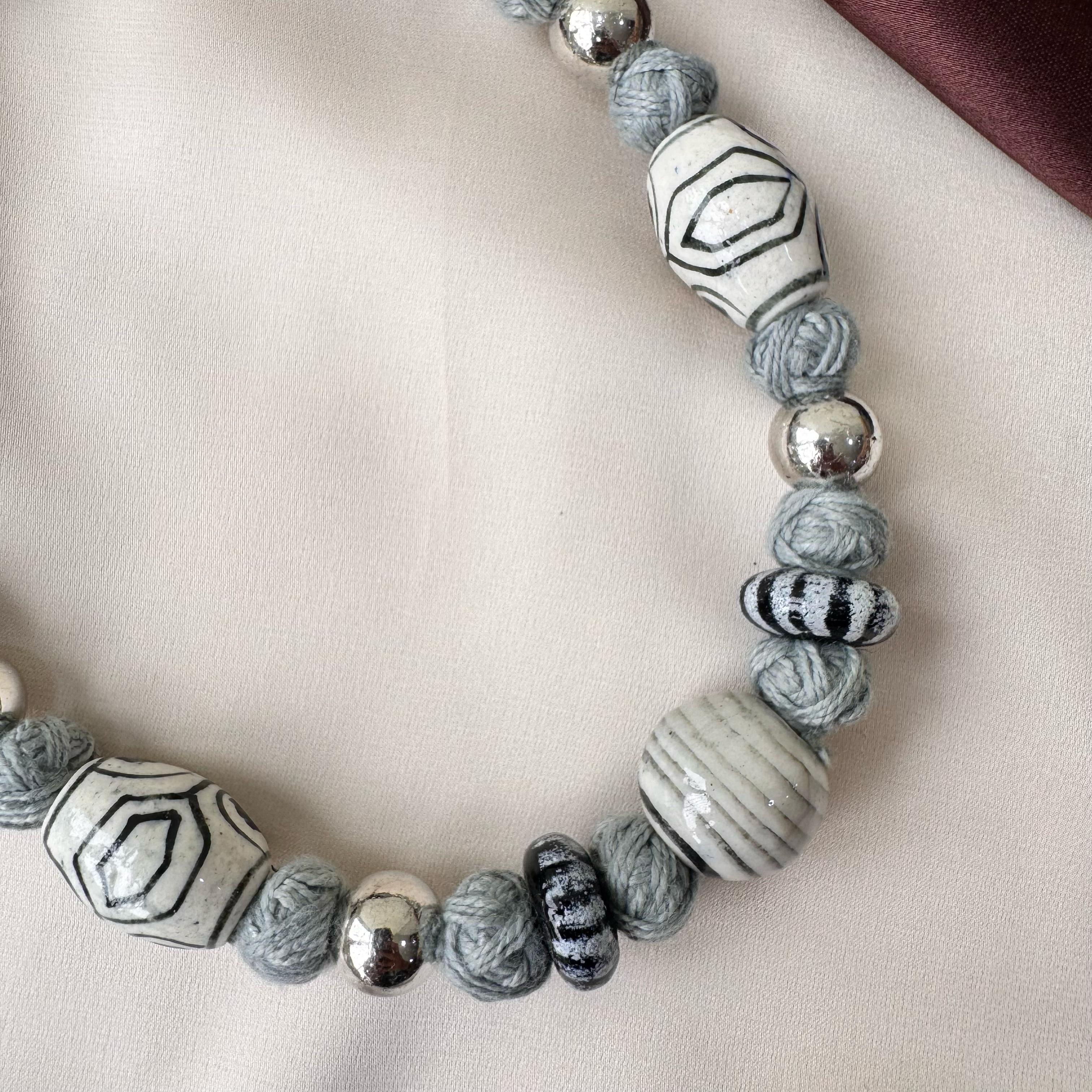 TFC Grey And White Patwa Silver Necklace Art Necklace