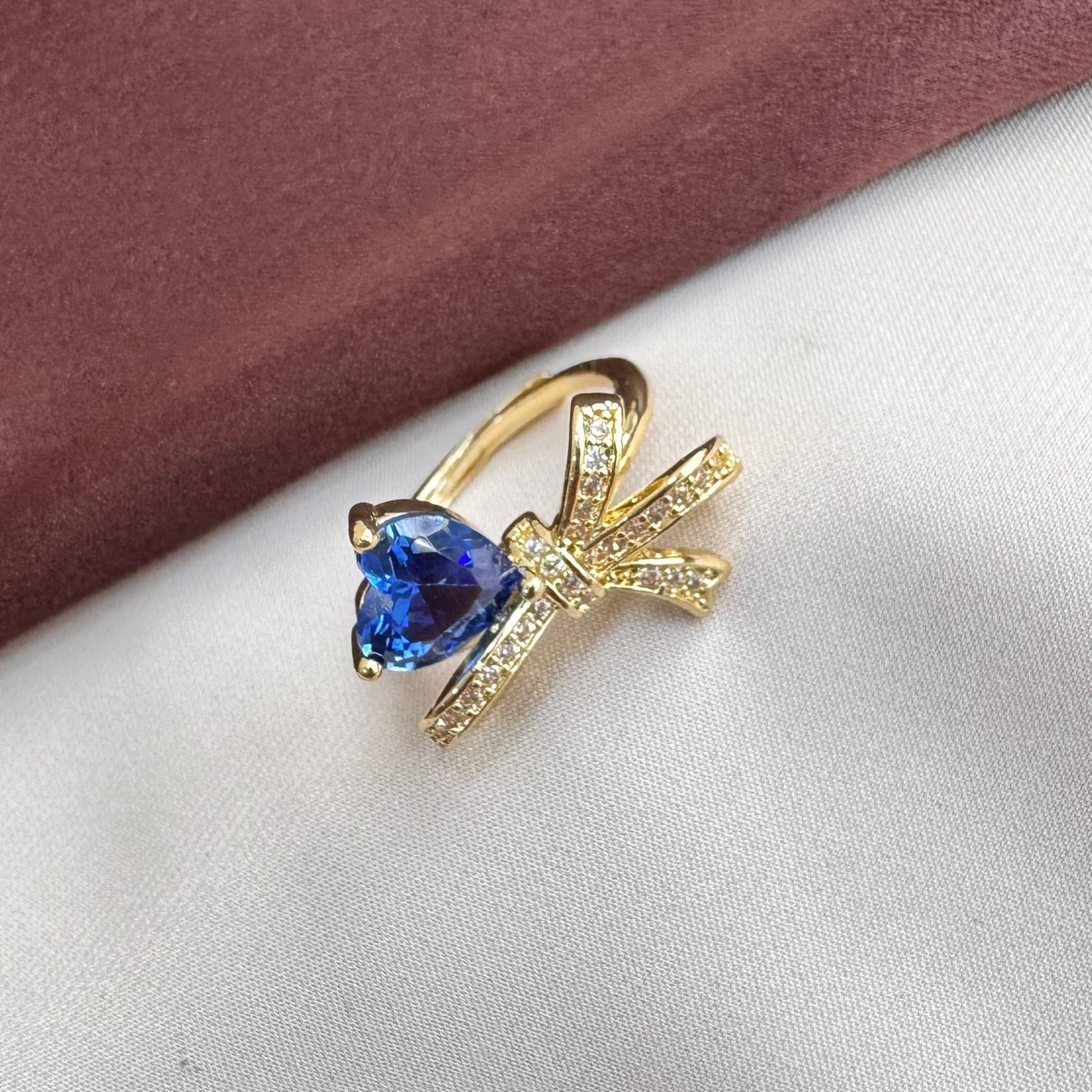 TFC Blue Heart Bow Adjustable Gold Plated Ring