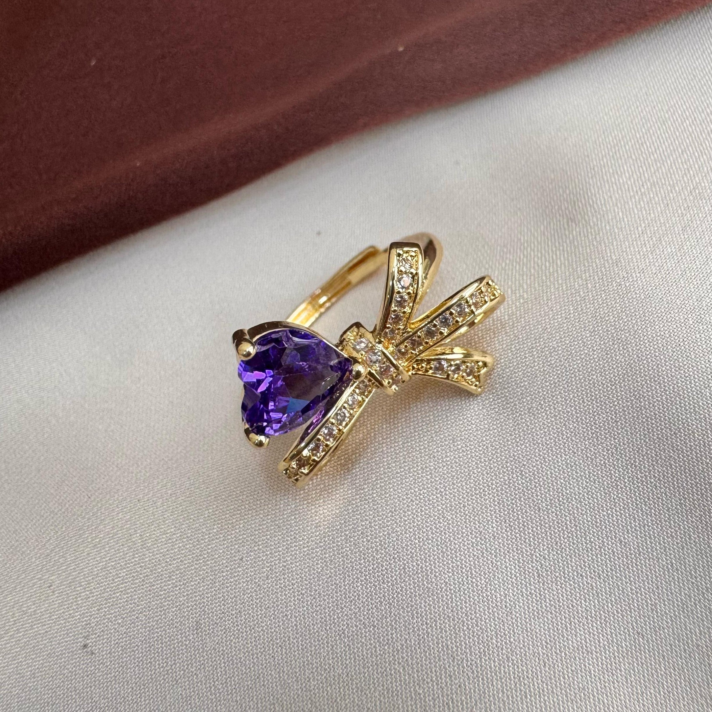 TFC Purple Heart Bow Adjustable Gold Plated Ring