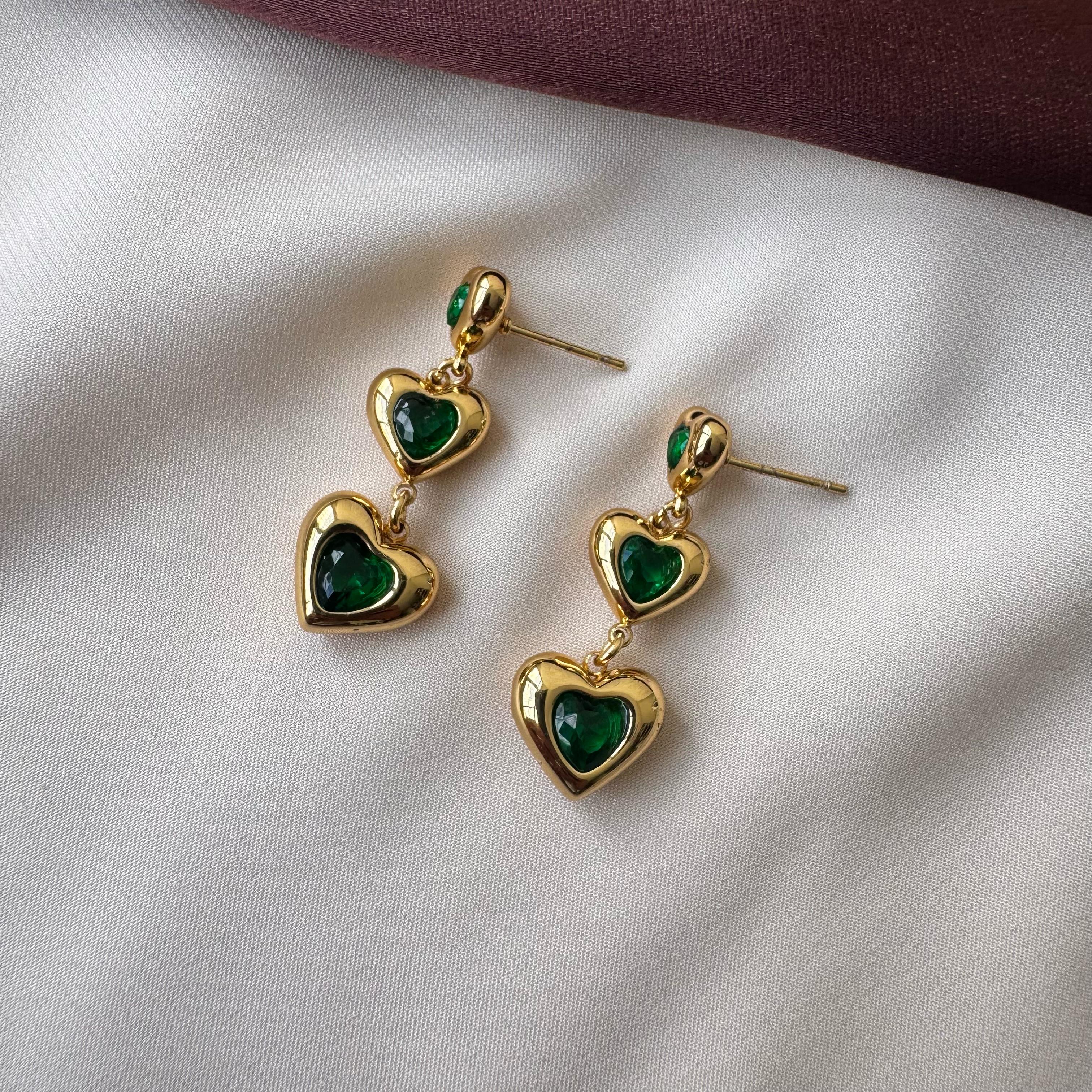 TFC Green Stone Heart Gold Plated Dangler Earrings