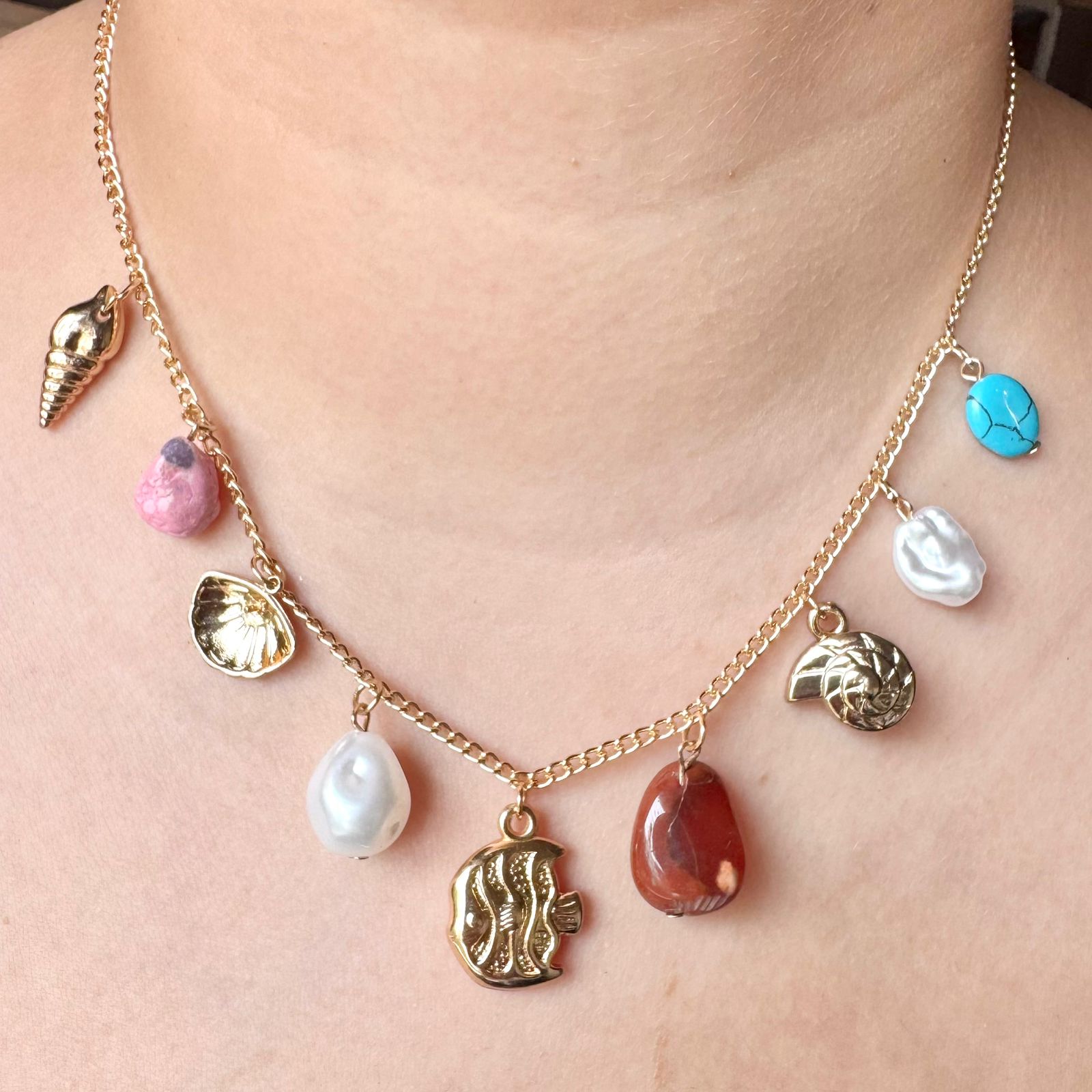TFC Fish Multi Charms Gold Plated Necklace