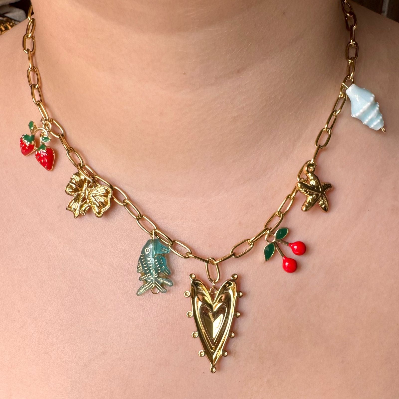 TFC Heart & Bow Charms Gold Plated Necklace