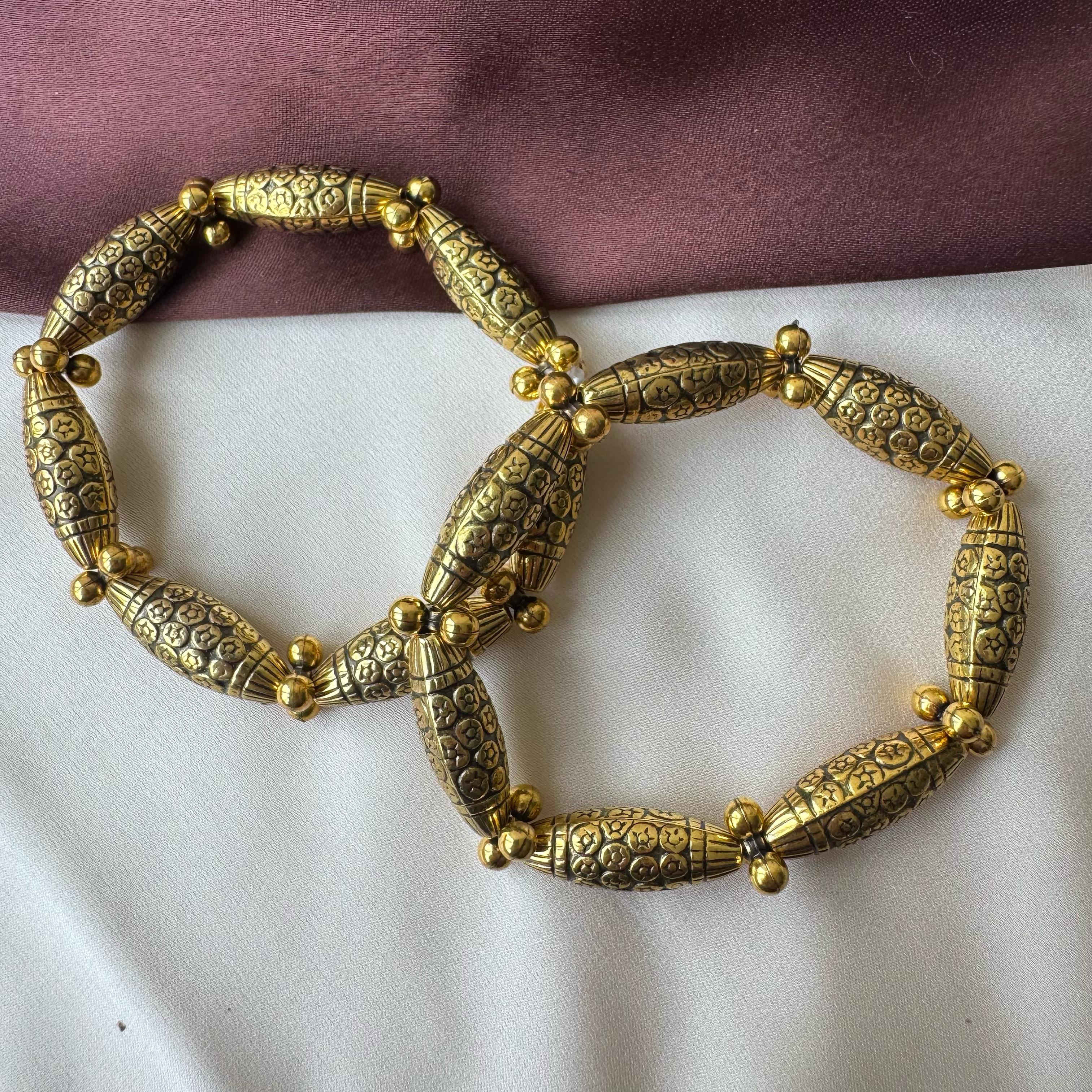 TFC Cylinder Crafted Beads Oxidized Gold Plated Bracelet (set of 2)