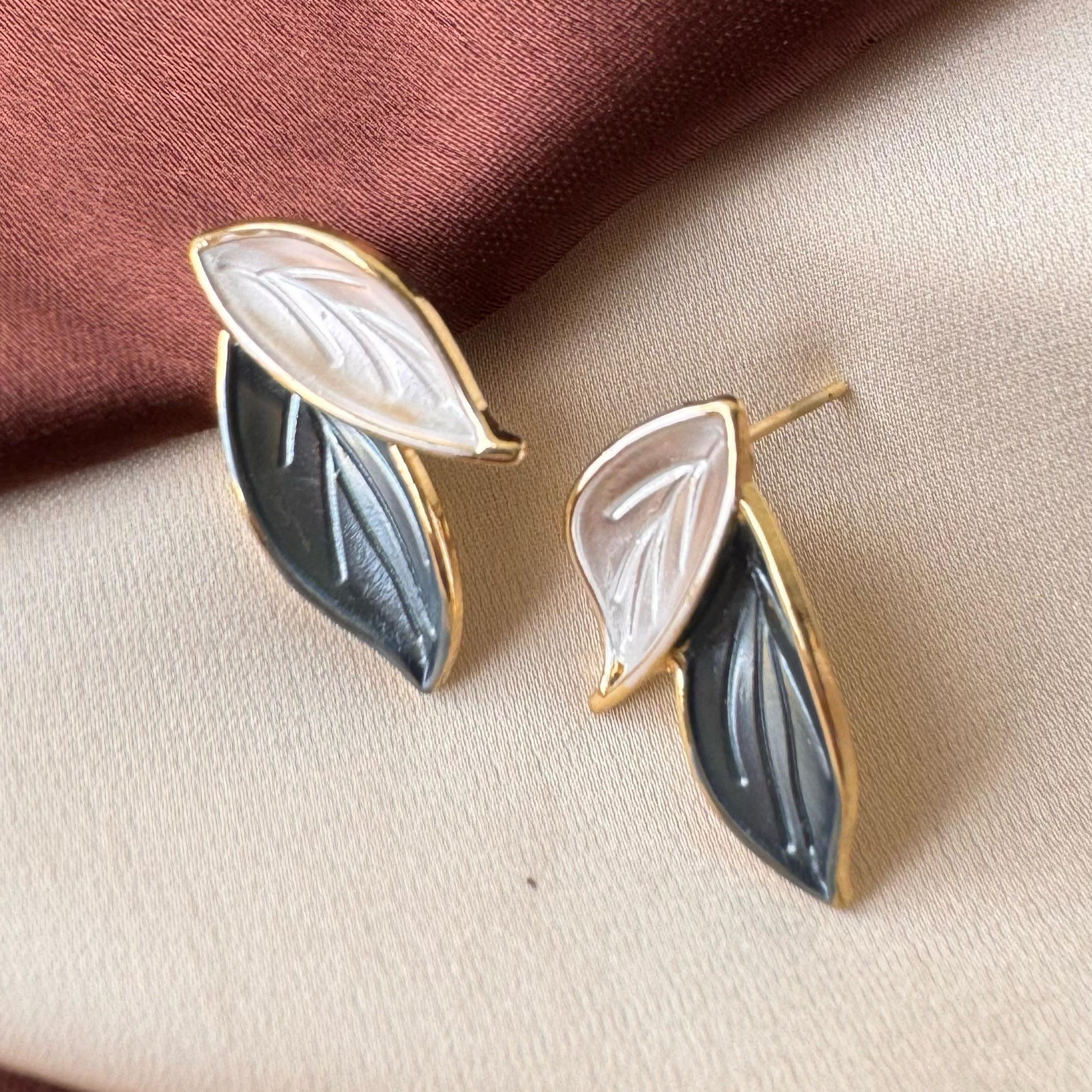 TFC Blue White Leaves Gold Plated Stud Earrings