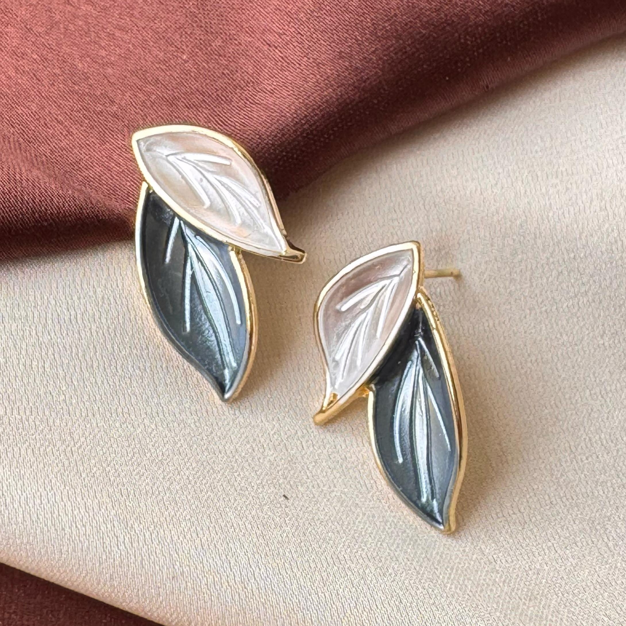 TFC Blue White Leaves Gold Plated Stud Earrings