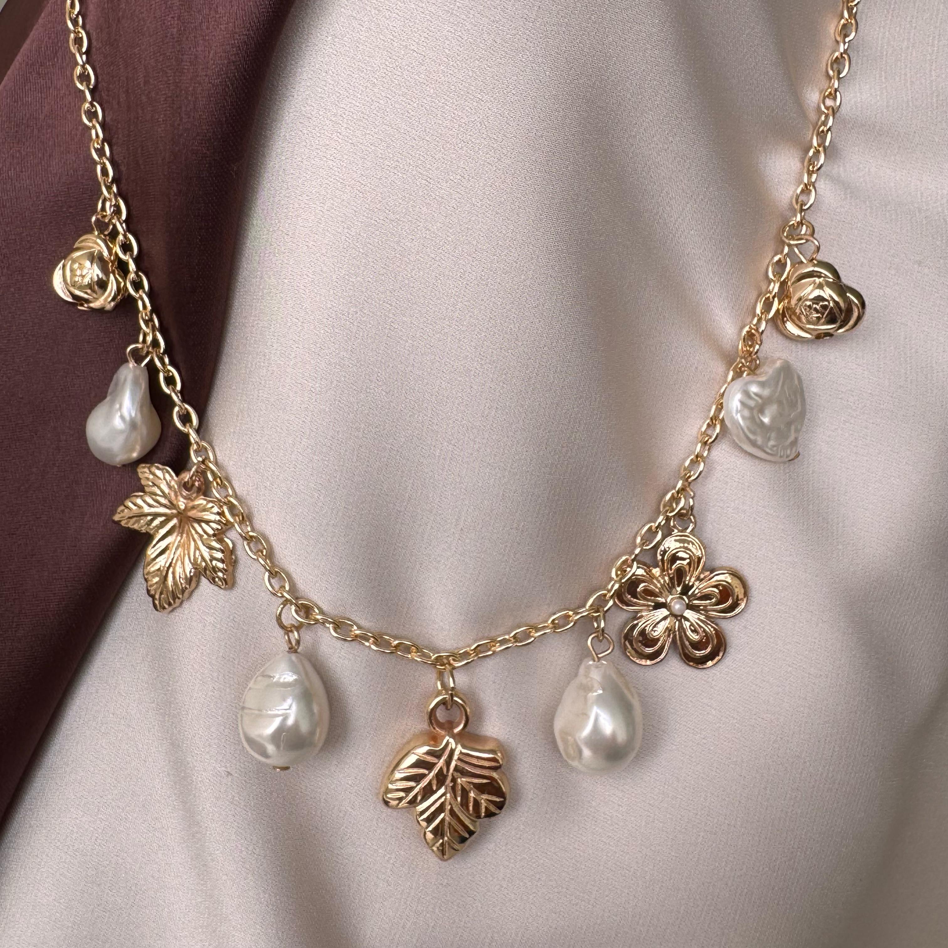 TFC Leaf & Pearl Charms Gold Plated Necklace