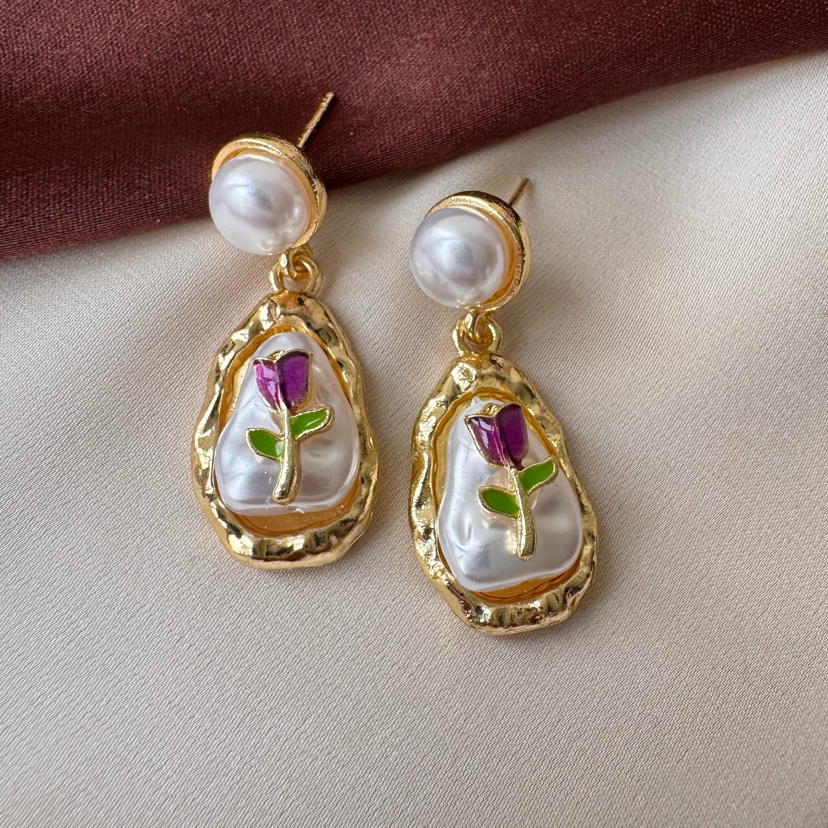TFC Purple Flower Gold Plated Dangler Earrings