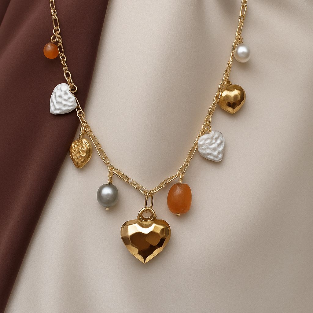 TFC Textured Heart Charms Gold Plated Necklace