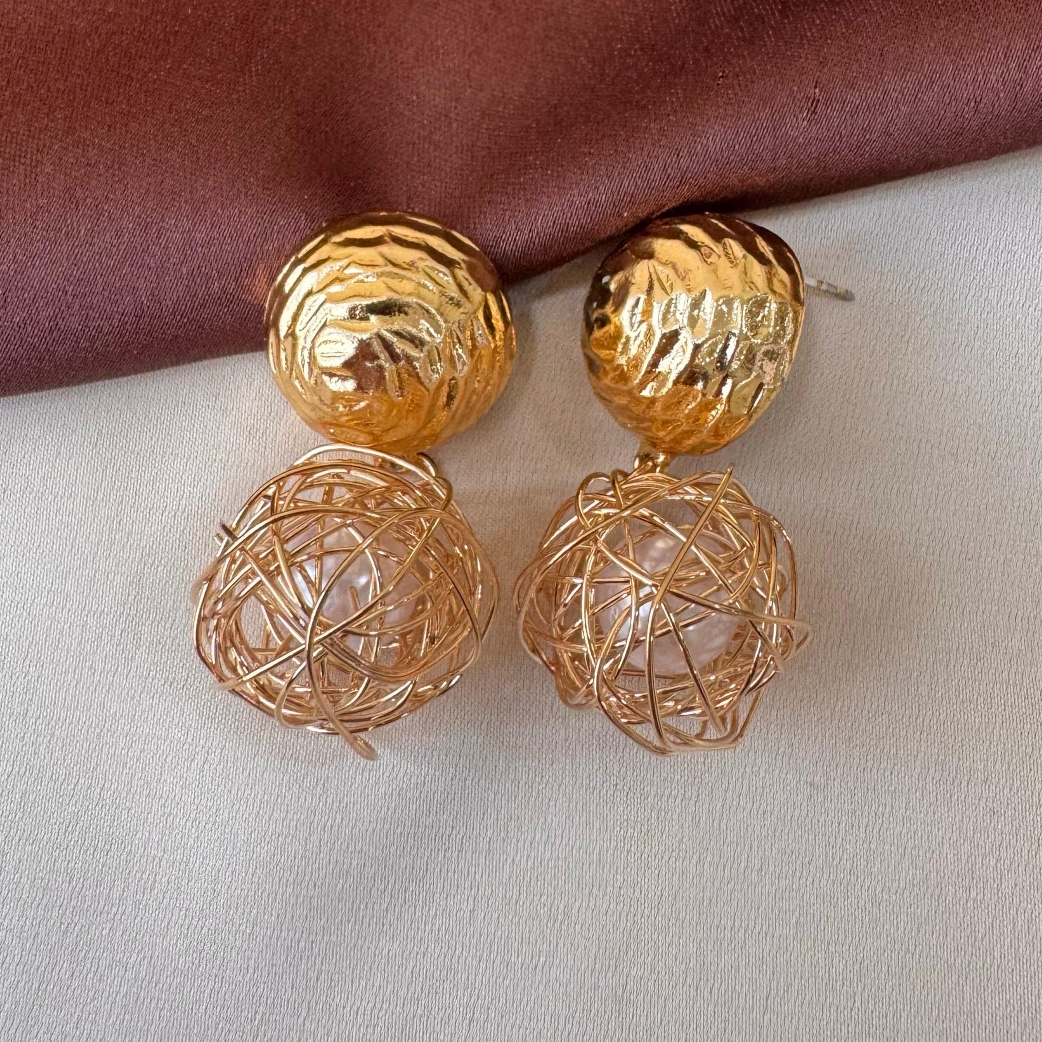TFC Pearl In Net Gold Plated Stud Earrings