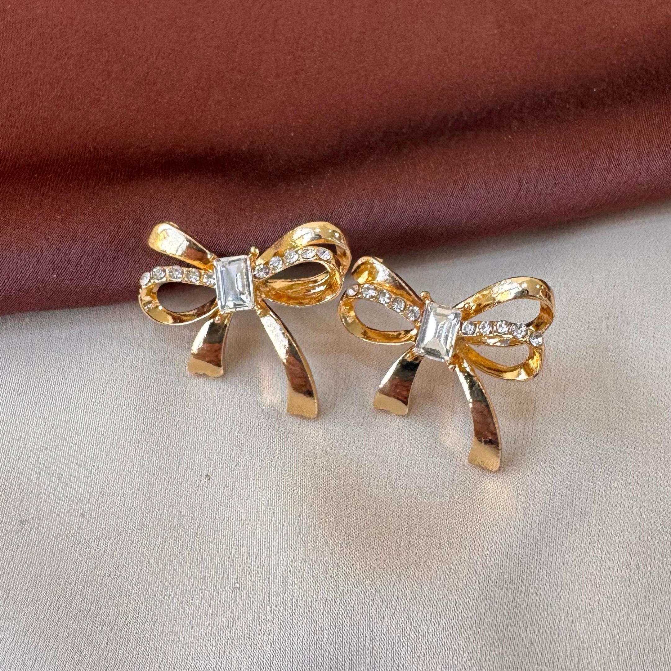 TFC Stone Bow Tie Gold Plated Stud Earrings