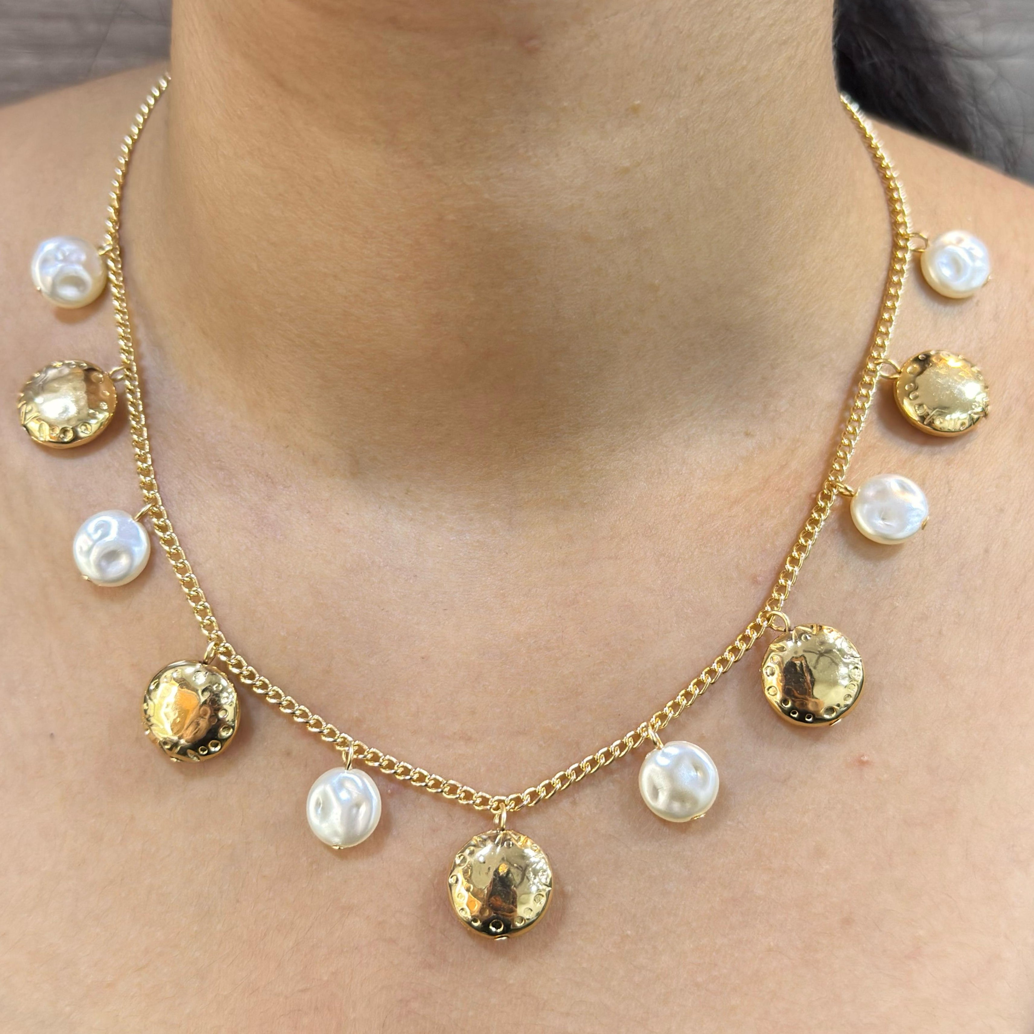 TFC Round Bead & Pearl Charms Gold Plated Necklace
