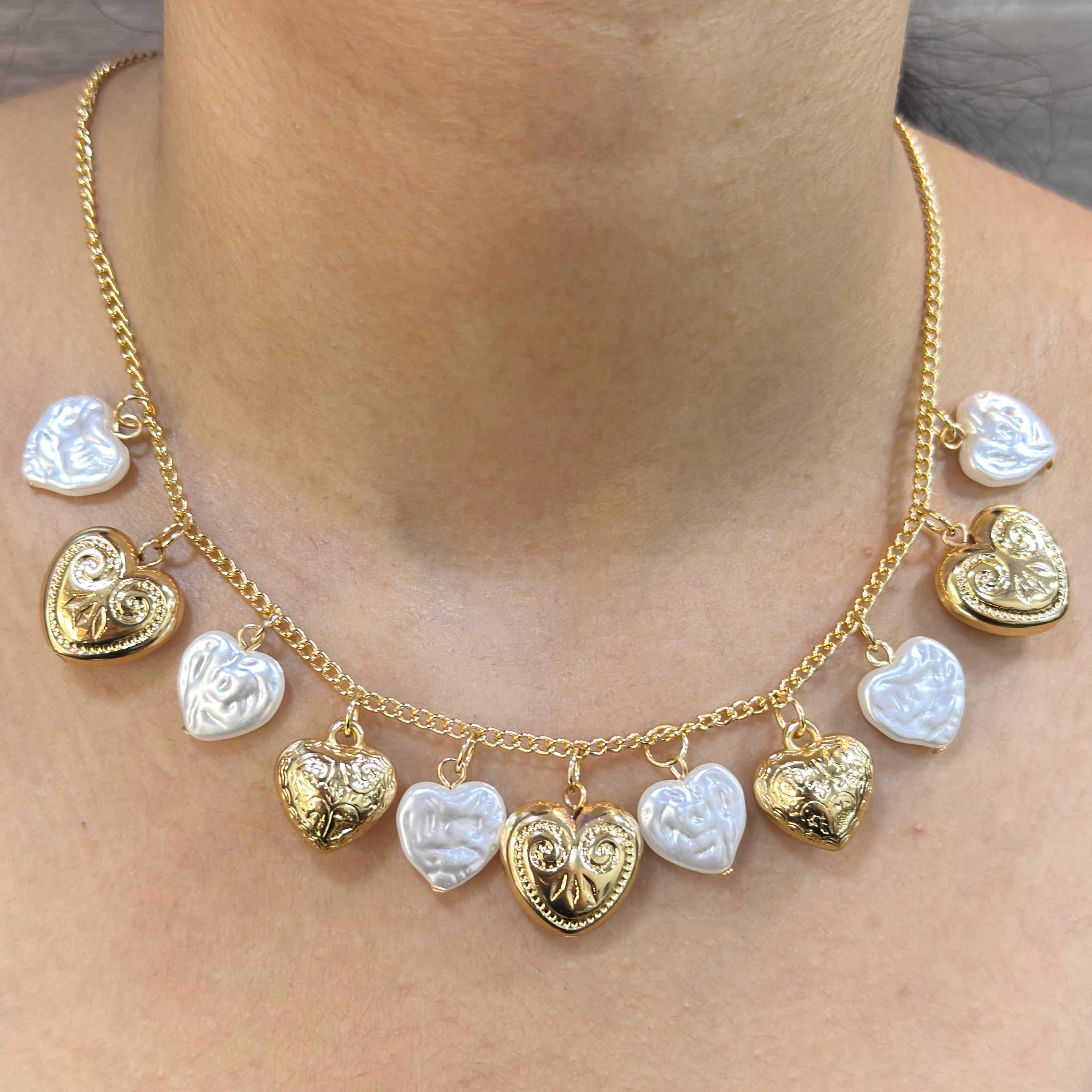 TFC Crafted Heart Pearl Charms Gold Plated Necklace