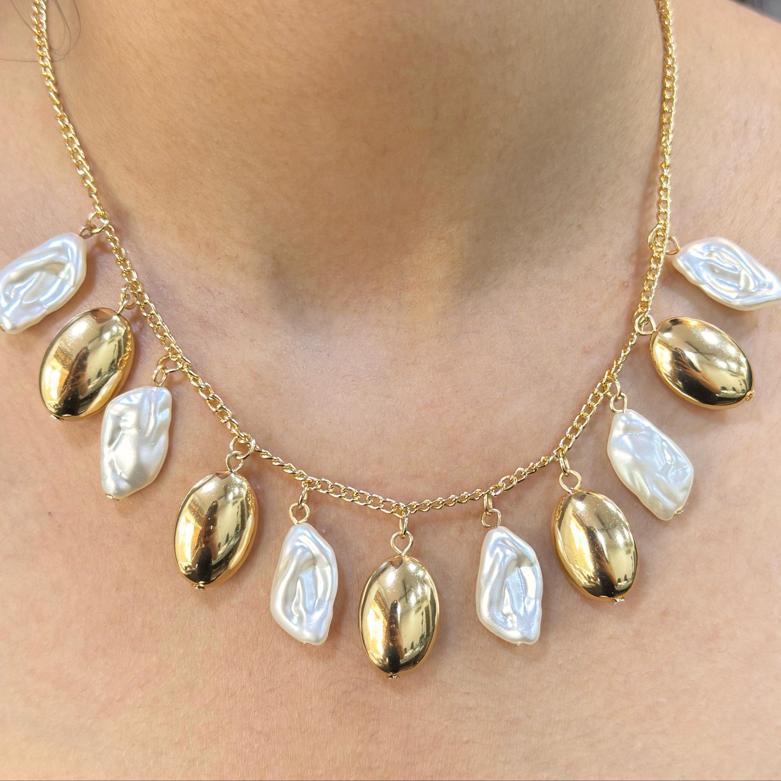 TFC Long Oval & Pearl Charms Gold Plated Necklace