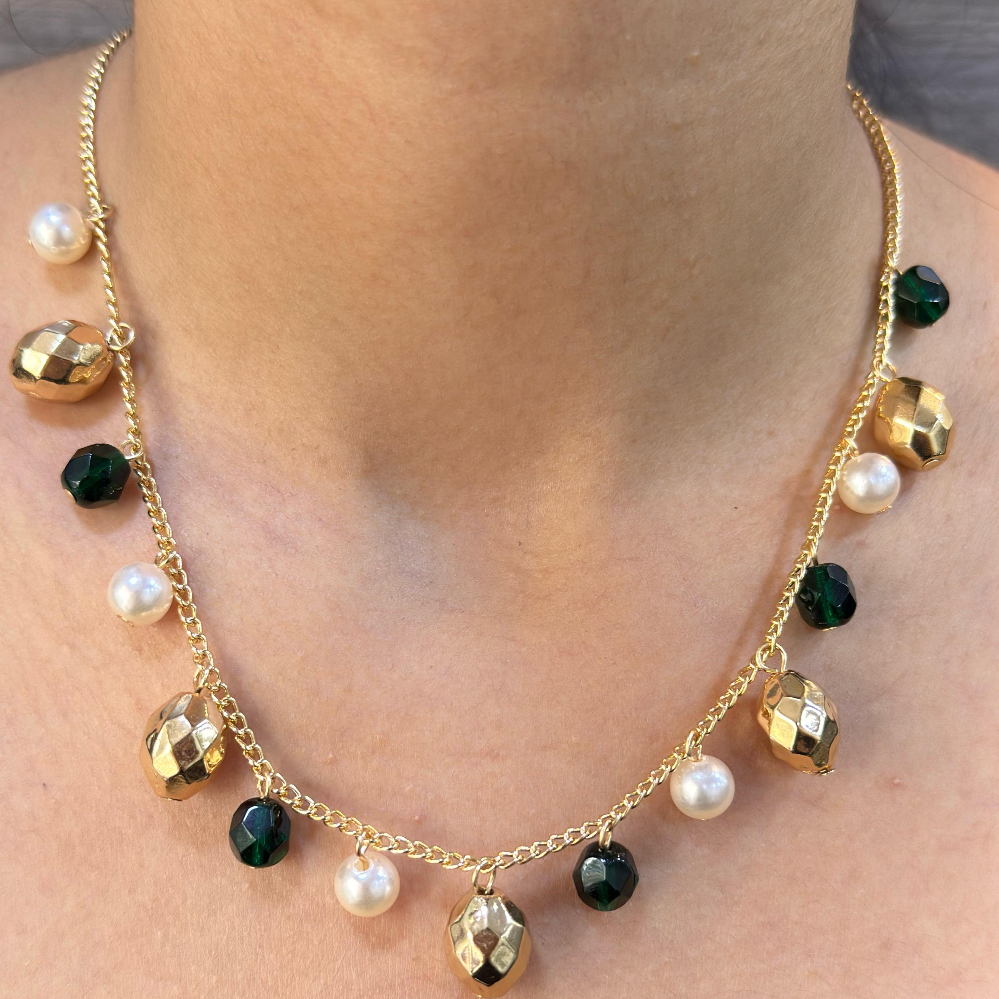 TFC Dark Green Bead & Pearl Charms Gold Plated Necklace