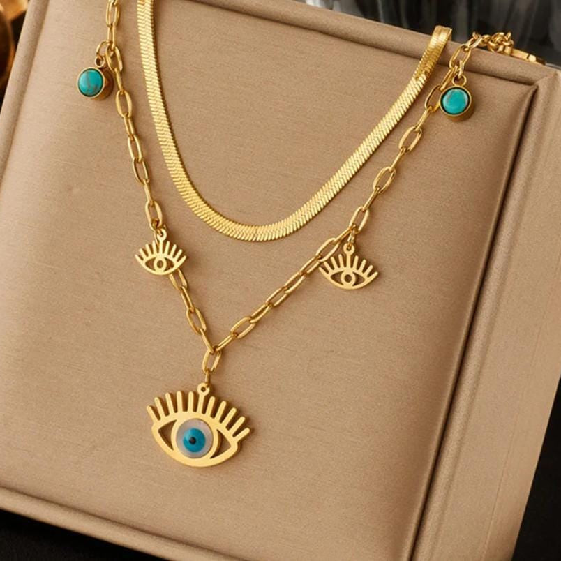 TFC Multi Evil Eyes Gold Plated Layered Necklace