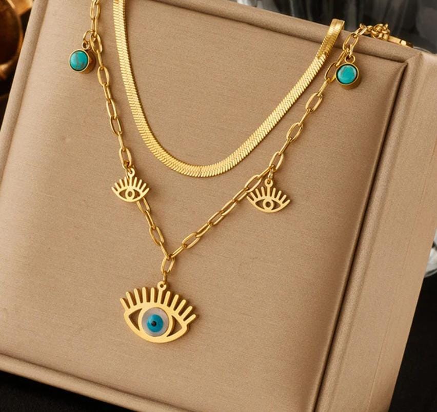 TFC Multi Evil Eyes Gold Plated Layered Necklace