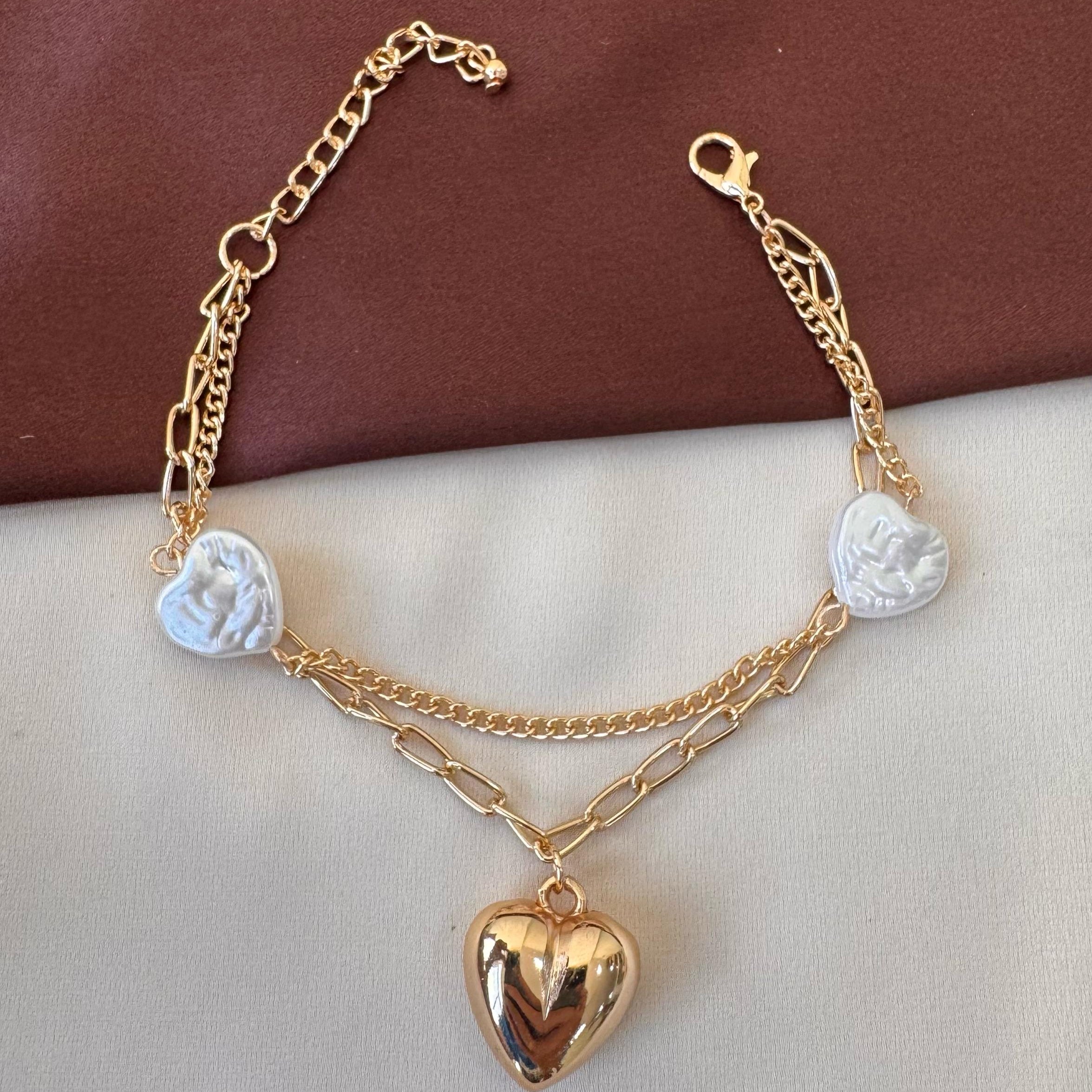 TFC Pearl Heart Charms Gold Plated Bracelet