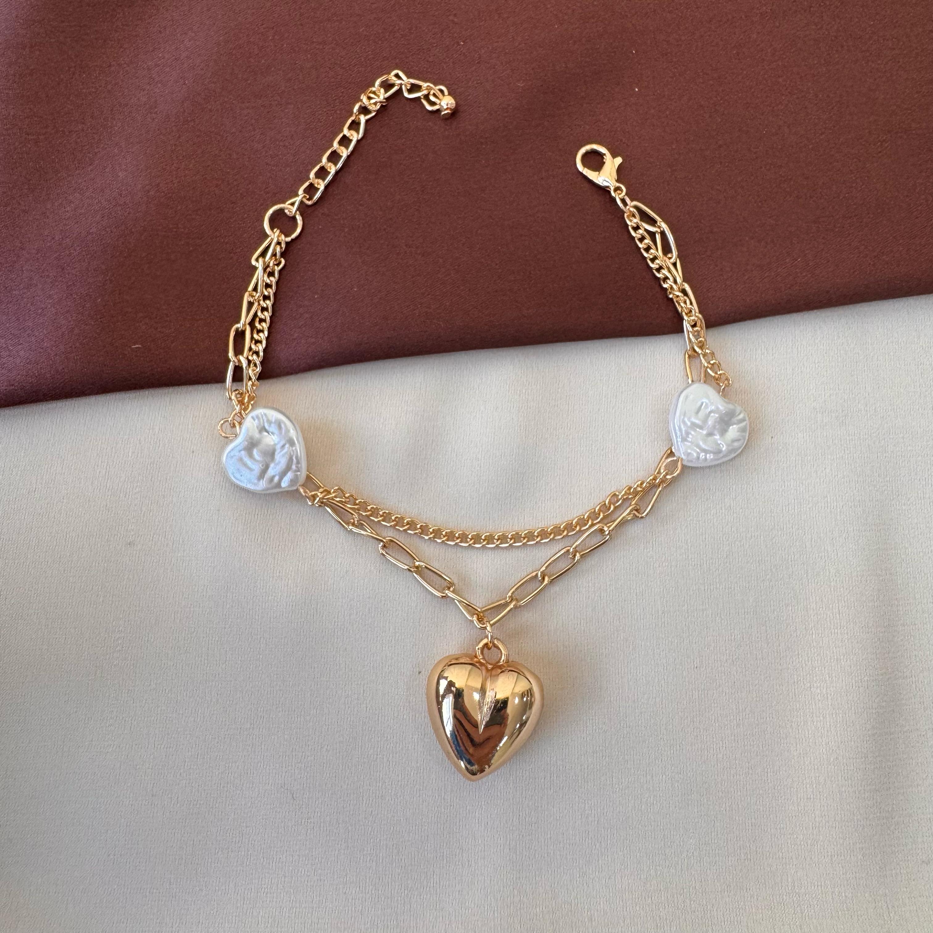 TFC Pearl Heart Charms Gold Plated Bracelet