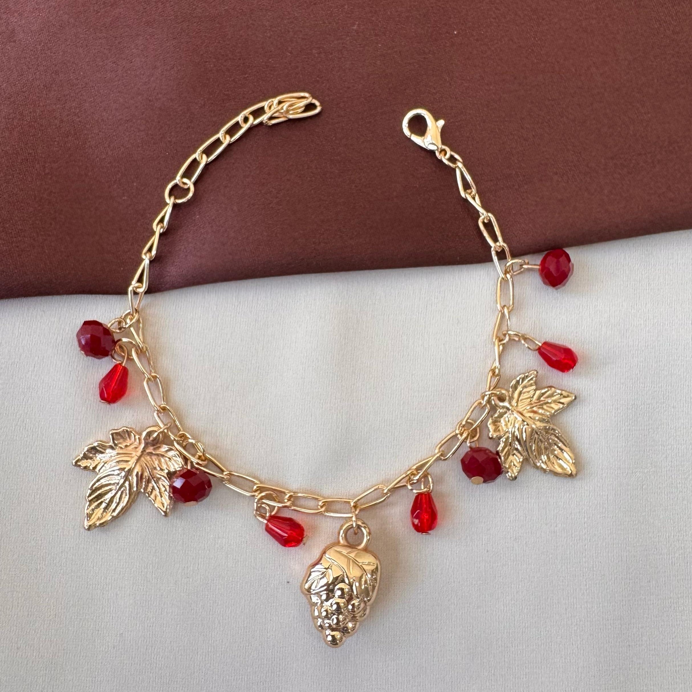TFC Ruby & Leaf Charms Gold Plated Bracelet