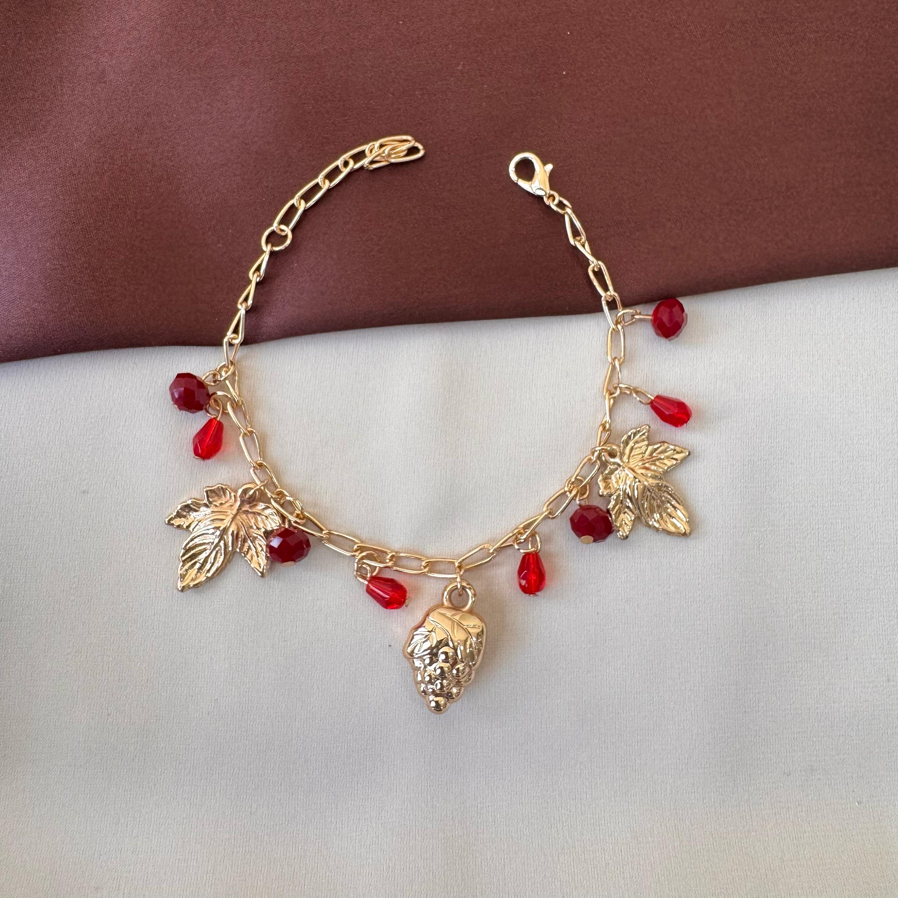 TFC Ruby & Leaf Charms Gold Plated Bracelet
