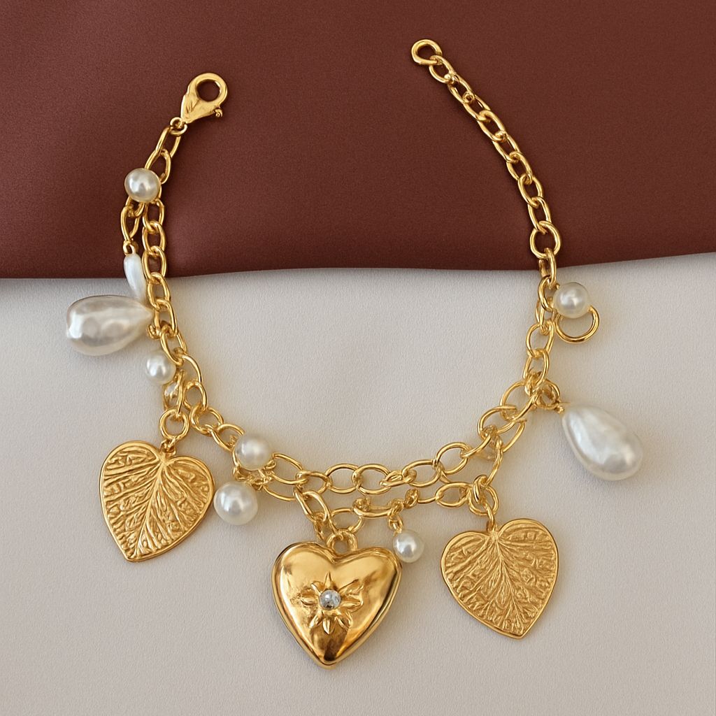 TFC Hearty & Leaf Charms Gold Plated Bracelet