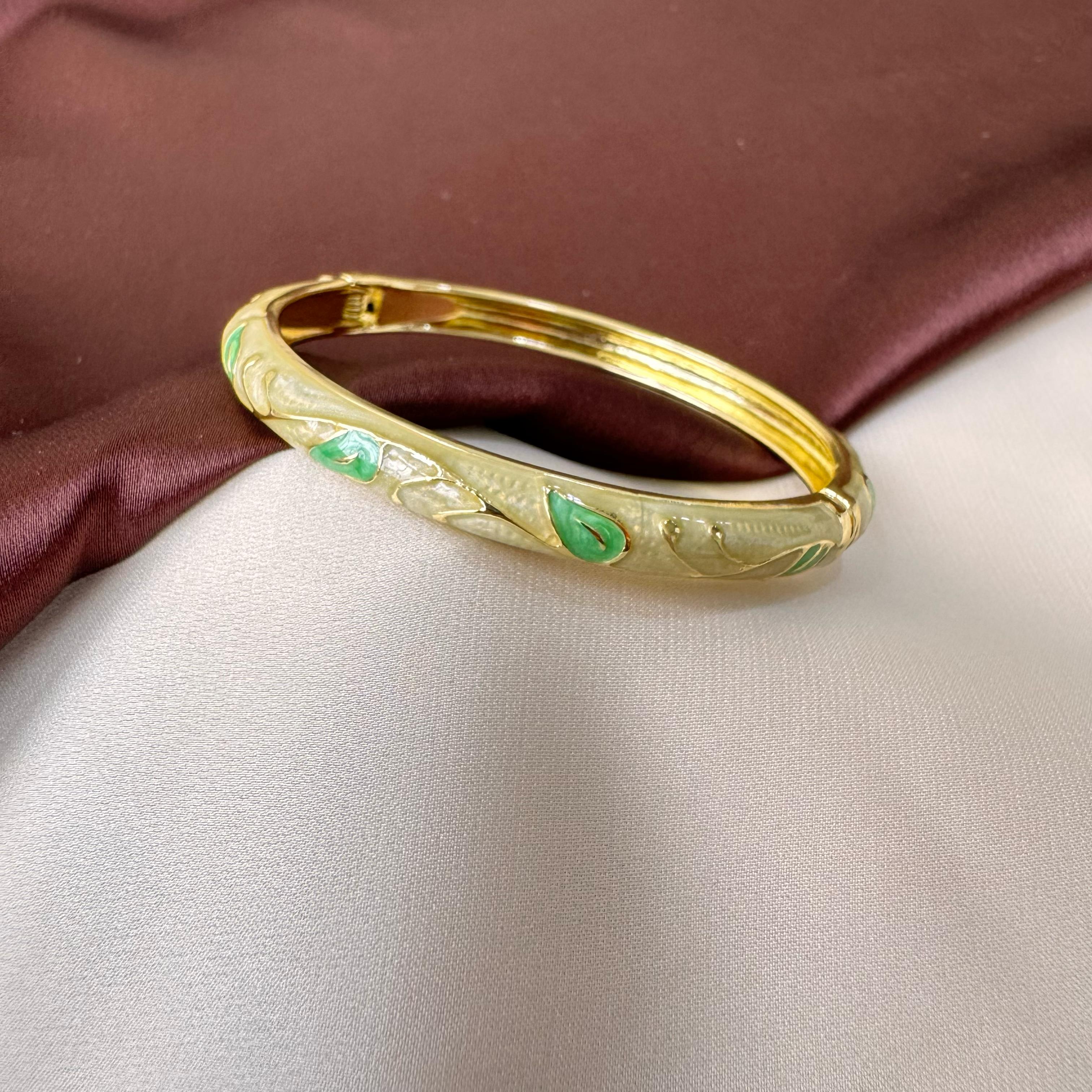 TFC Size 2.6 Green Leaf Gold Plated Enamel Bangle