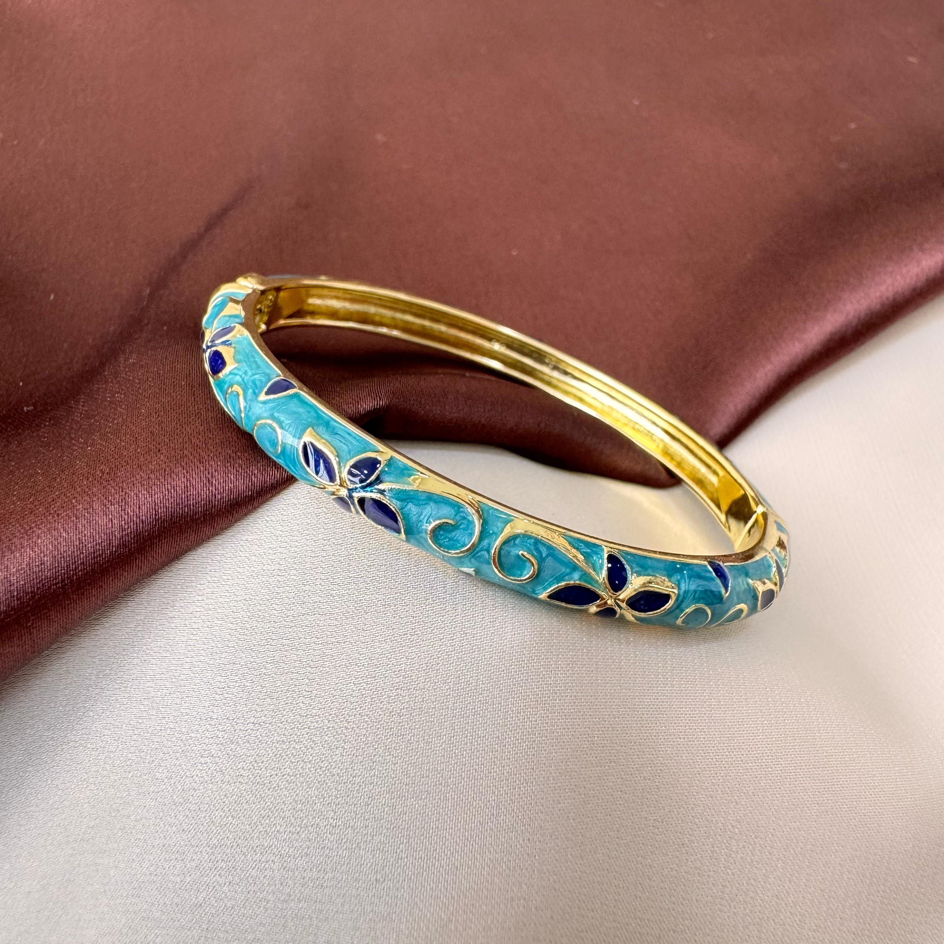 TFC Size 2.6 Blue Flower Gold Plated Enamel Bangle