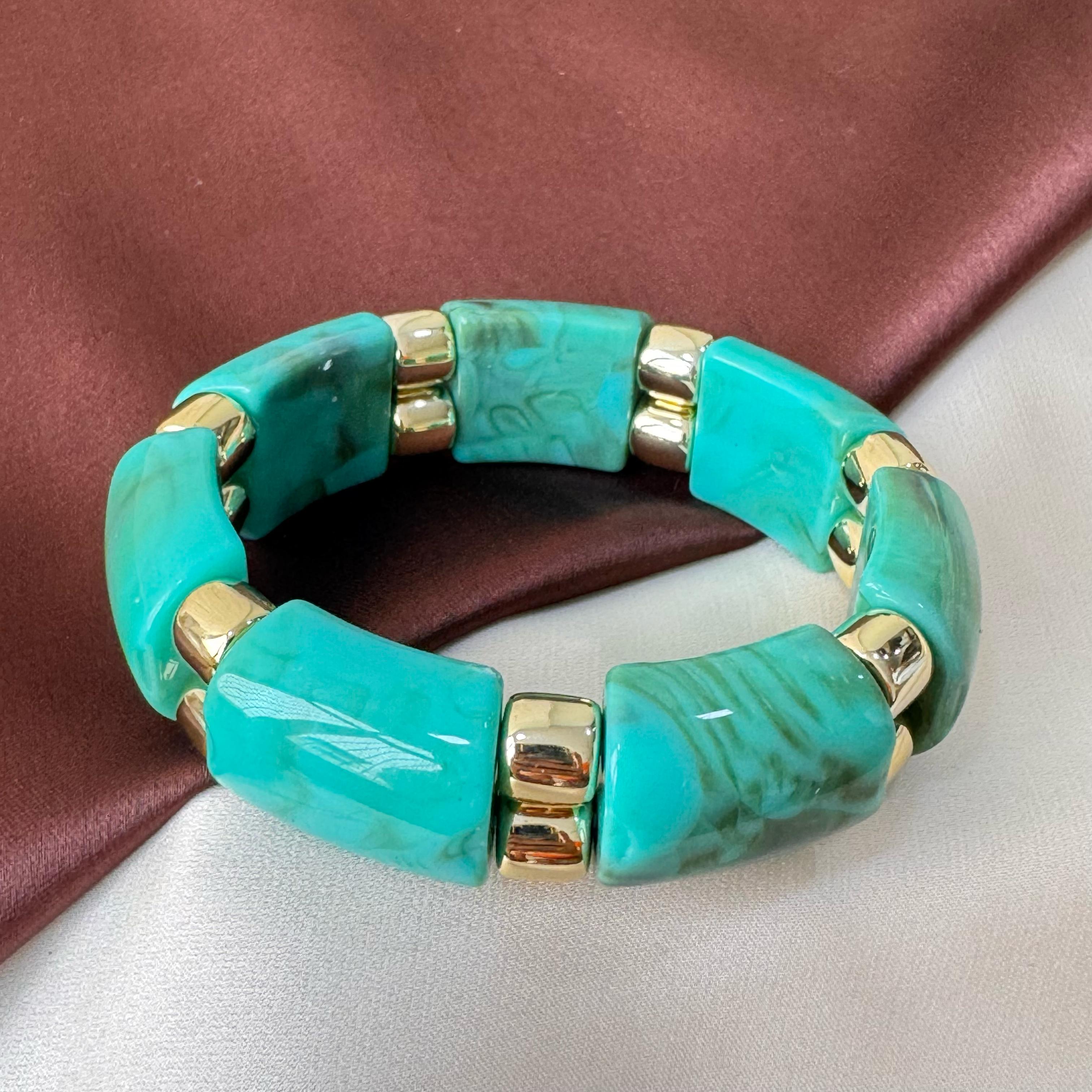 TFC Teal Green Gold Plated Stretchable Bracelet