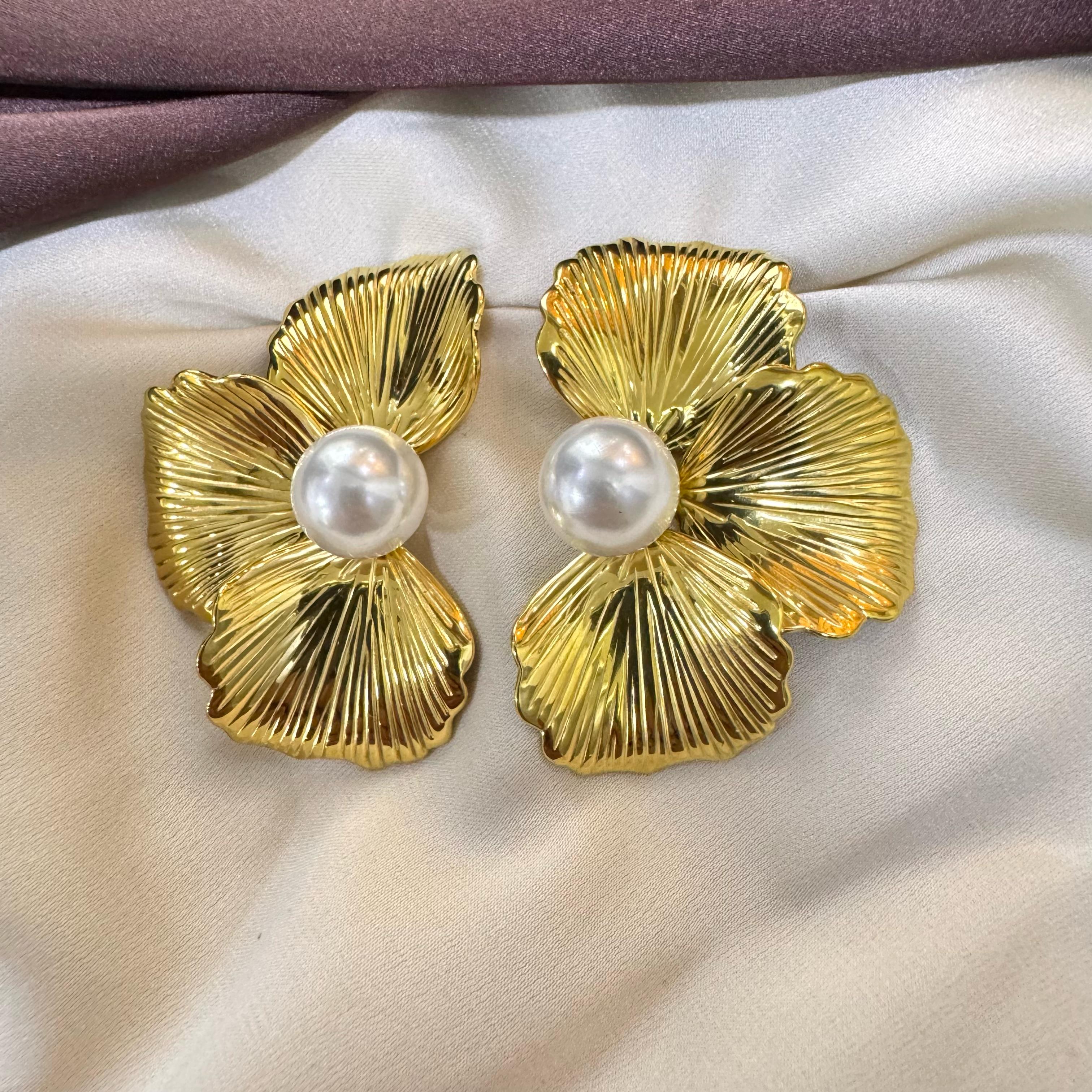 TFC Three Petal Gold Plated Stud Earrings