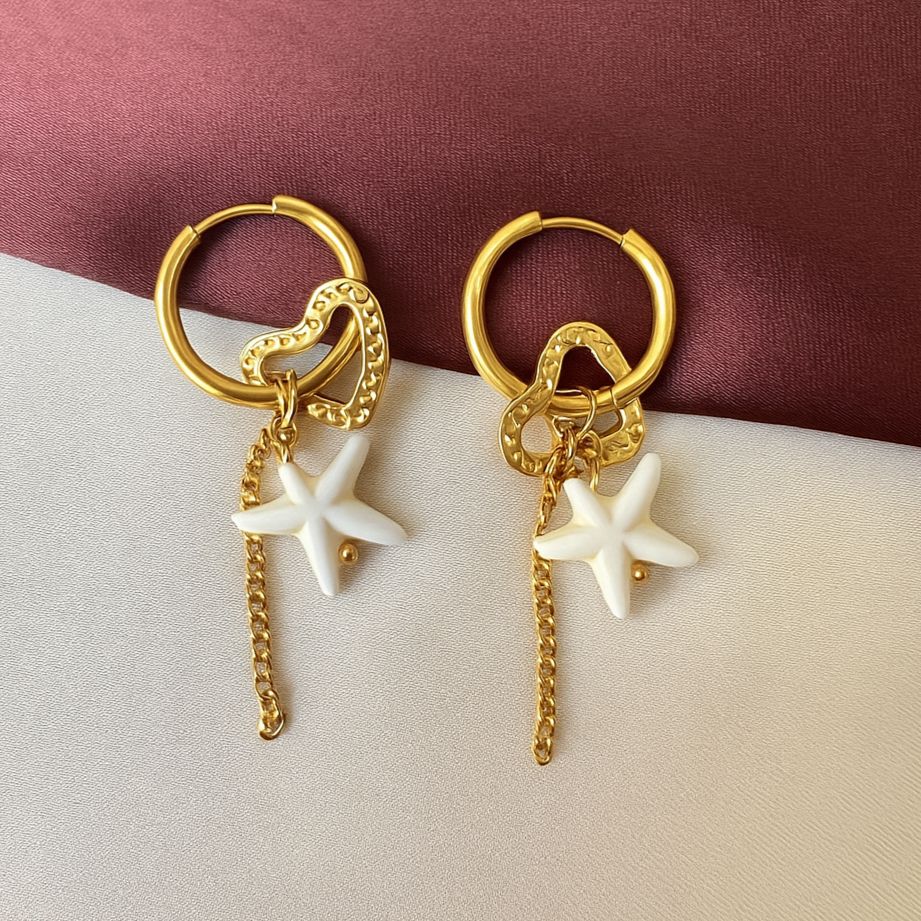 TFC White Star & Heart Gold Plated Dangler Earrings