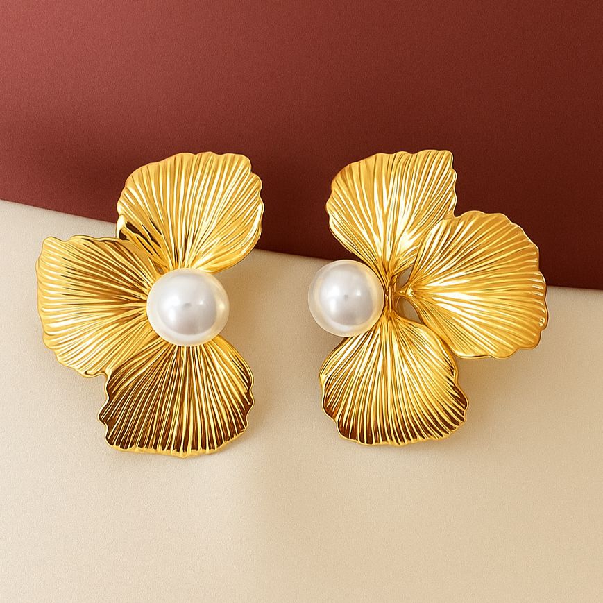 TFC Three Petal Gold Plated Stud Earrings