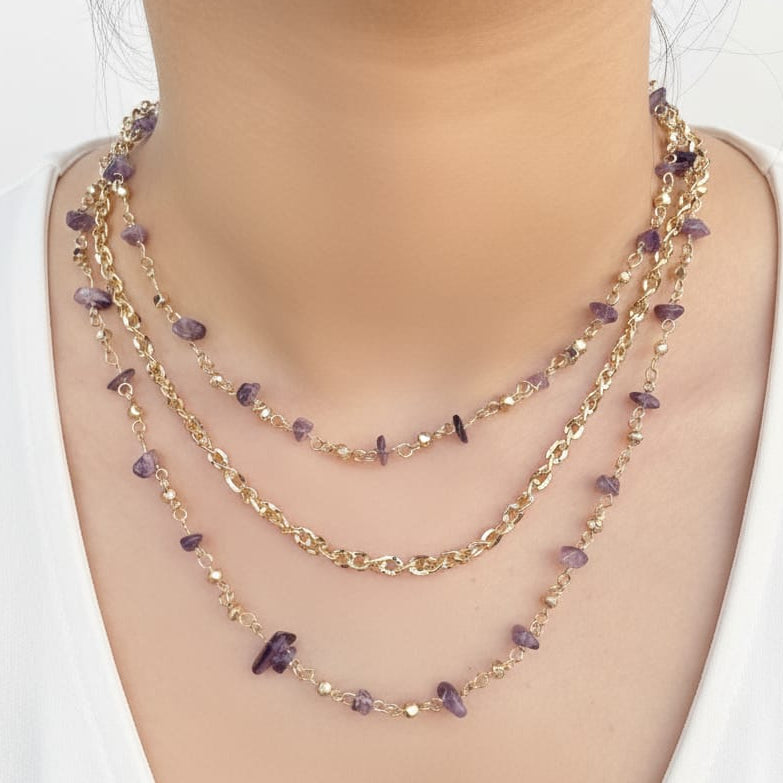 TFC Amethyst Uncut Gold Plated Layered Necklace