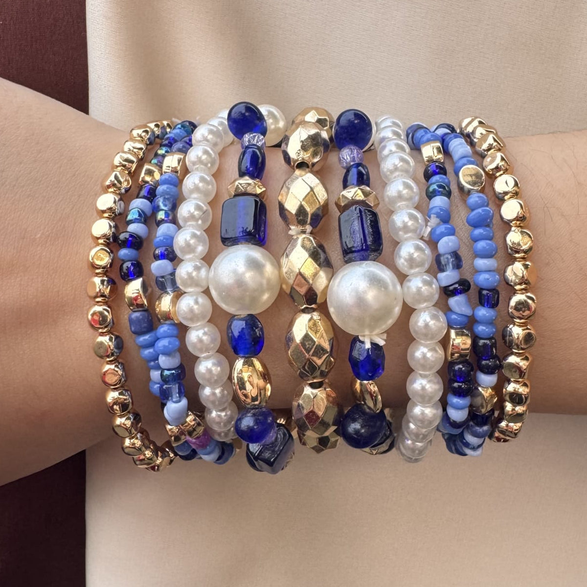 TFC Blue Pearl Feel Gold Plated Bracelet (set of 11)