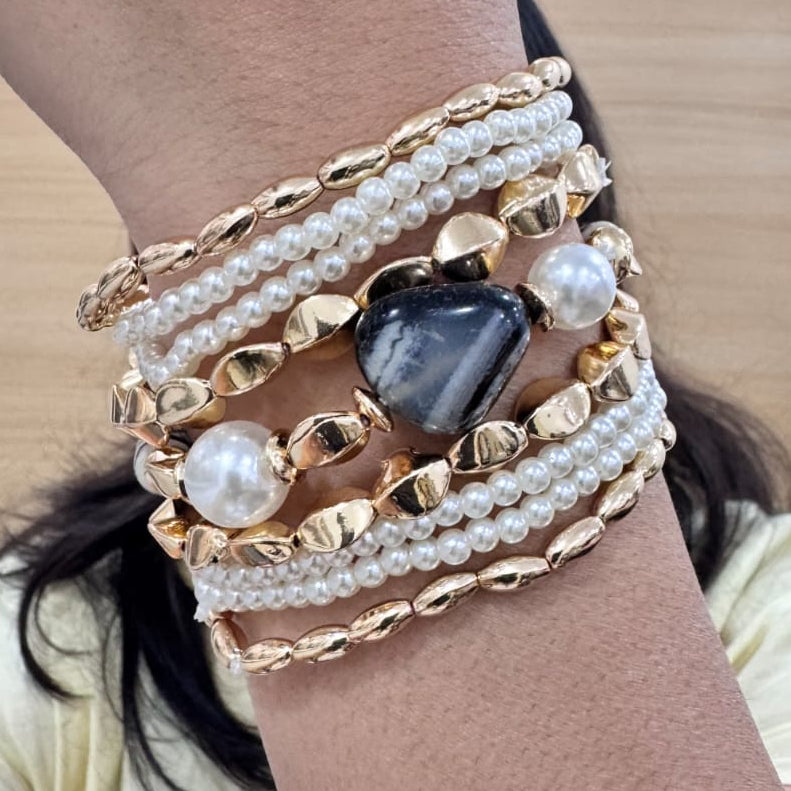 TFC Pearly Black Stone Gold Plated Bracelet (Set of 9)