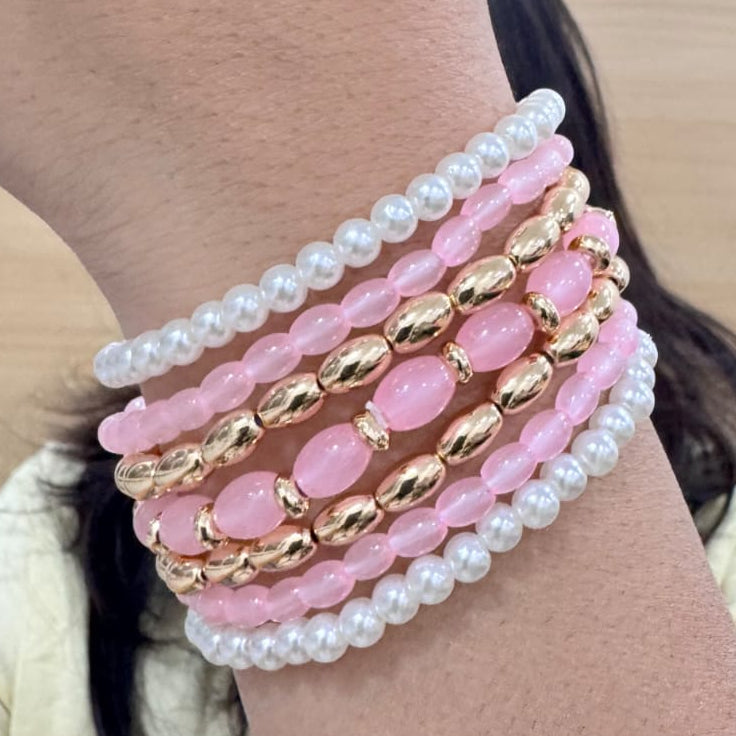 TFC Pastel Pink Beaded Gold Plated Bracelet (Set of 7)