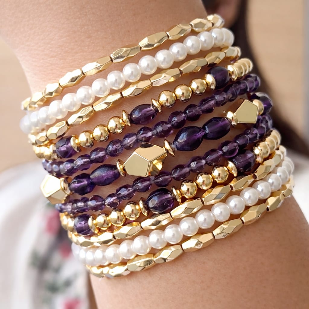 TFC Purple and pearl Beaded Gold Plated Bracelet (Set of 11)